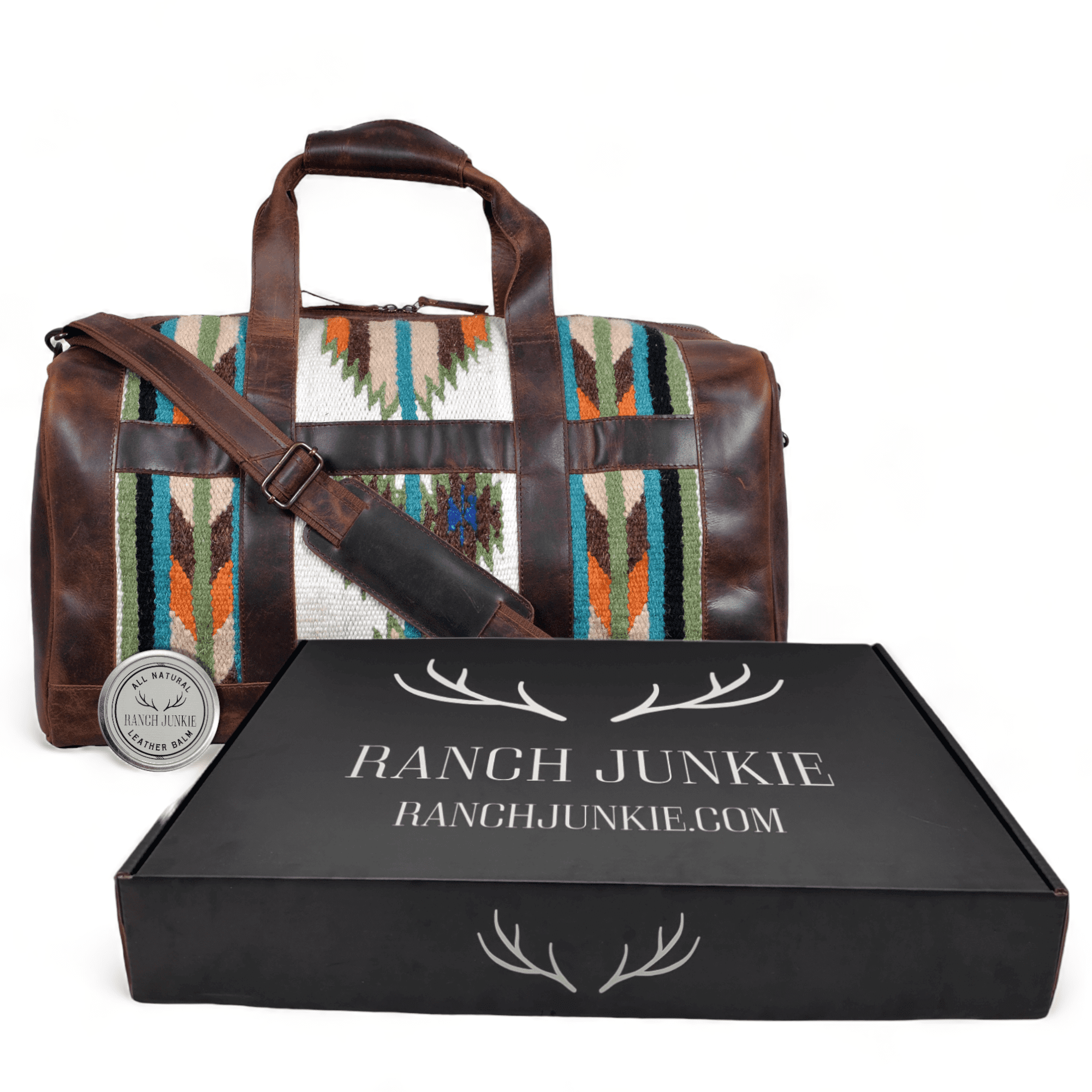 Southwestern Saddle Blanket Aztec Weekender Aspen Leather Duffel Bag - Ranch Junkie Mercantile LLC