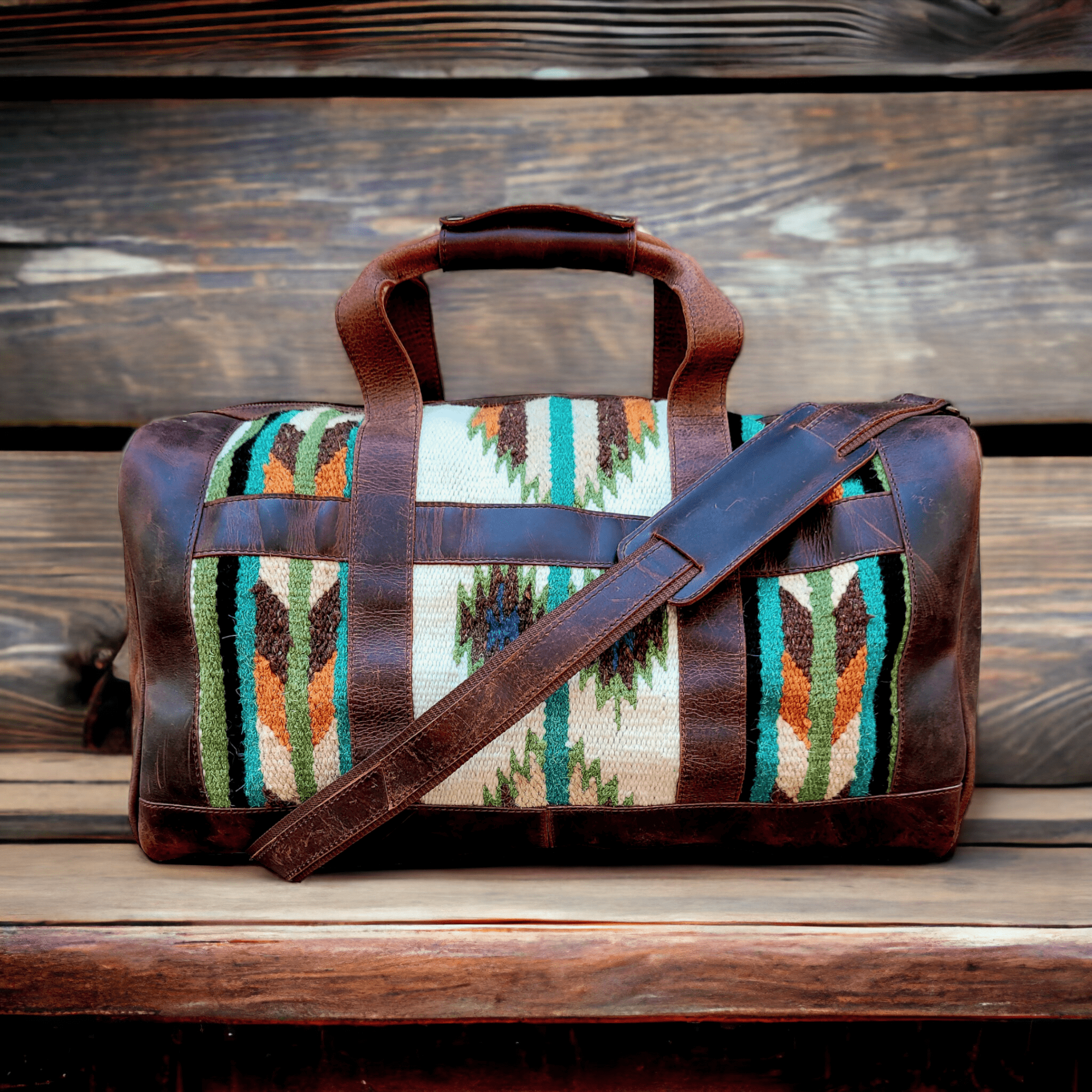 Southwestern Saddle Blanket Aztec Weekender Aspen Leather Duffel Bag - Ranch Junkie Mercantile LLC