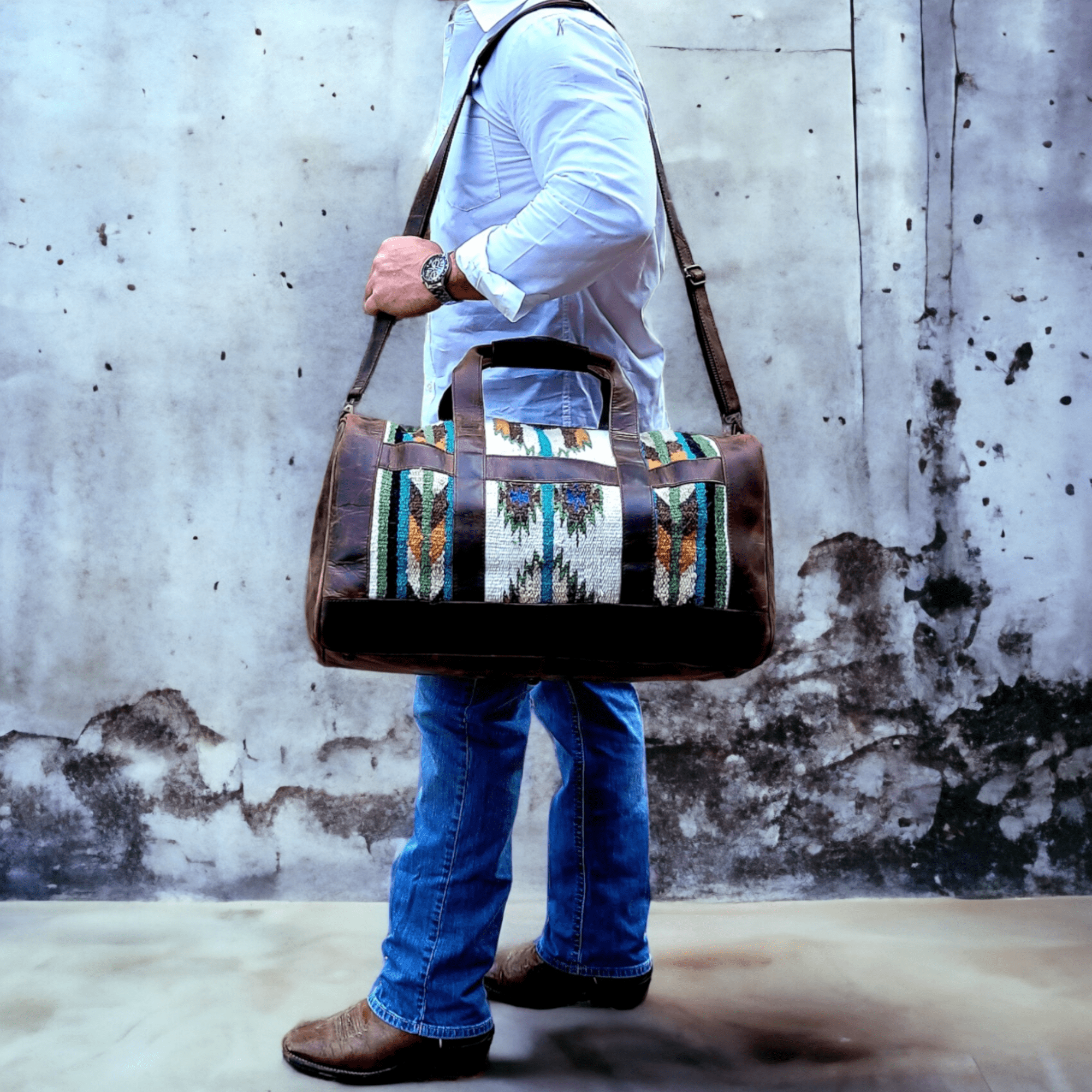 Southwestern Saddle Blanket Aztec Weekender Aspen Leather Duffel Bag - Ranch Junkie Mercantile LLC