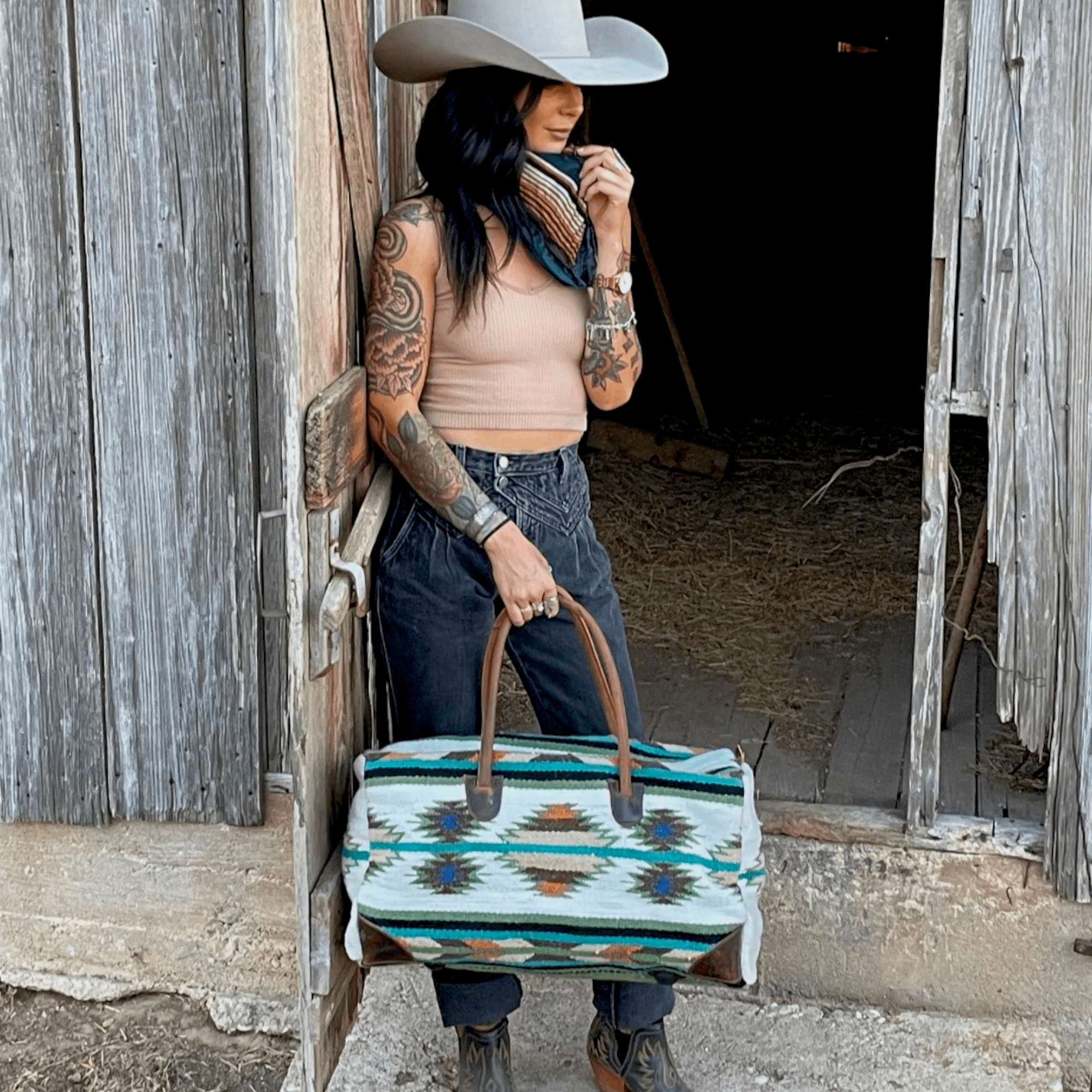 Boho Aztec Large Weekender Southwestern Duffel Bag Aspen Saddle Blanket Bag 100% Leather Handles - Ranch Junkie Mercantile LLC