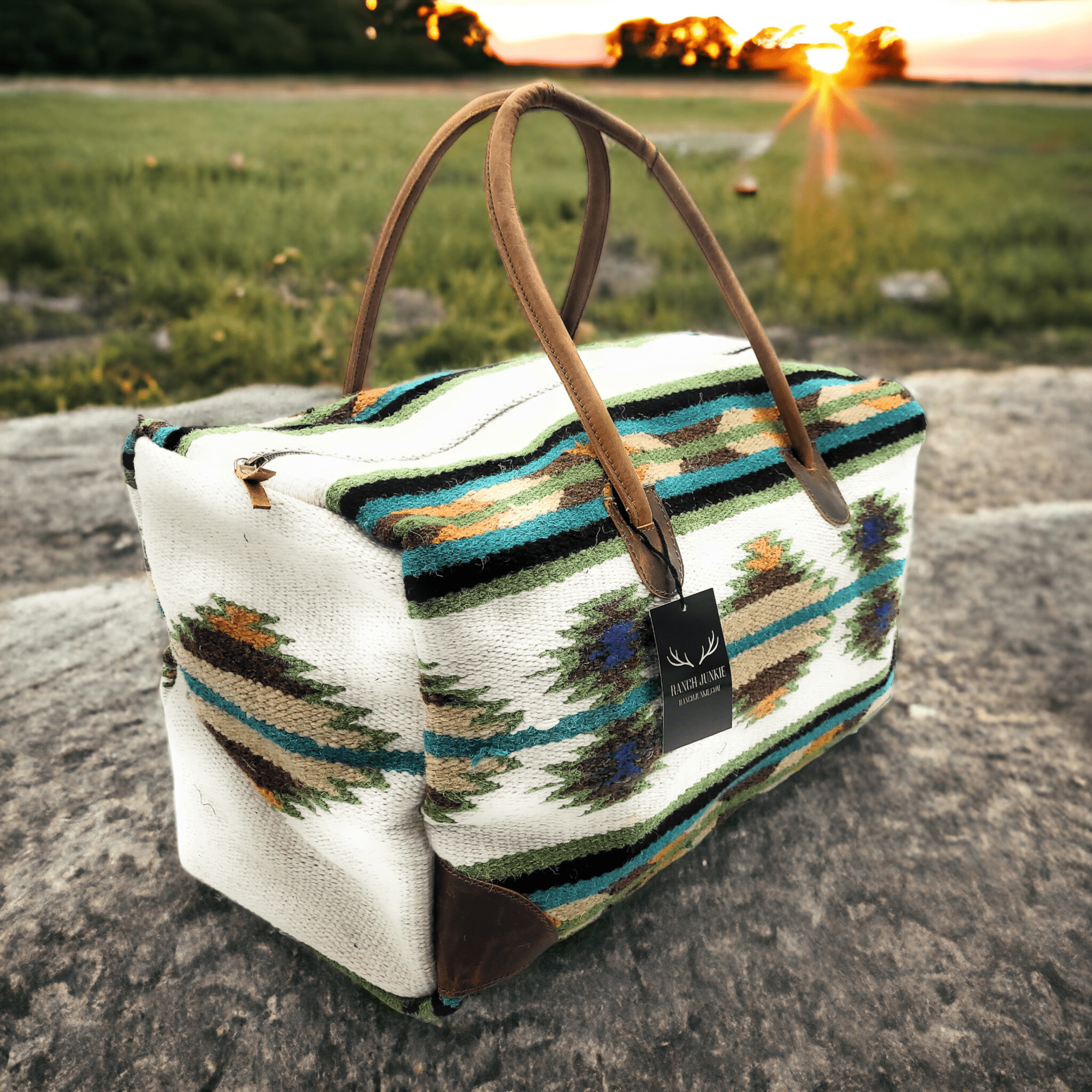 Boho Aztec Large Weekender Southwestern Duffel Bag Aspen Saddle Blanket Bag 100% Leather Handles - Ranch Junkie Mercantile LLC