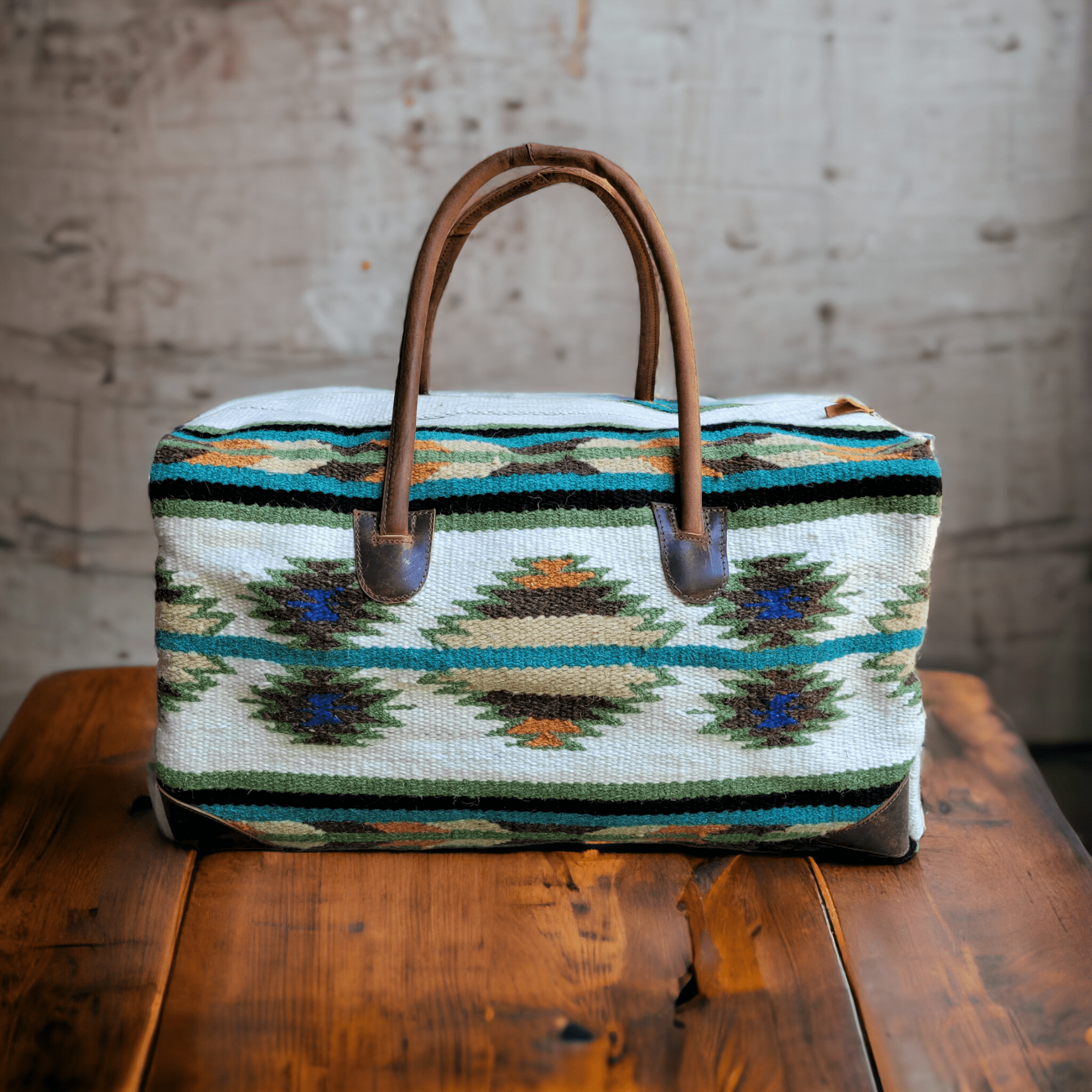 Boho Aztec Large Weekender Southwestern Duffel Bag Aspen Saddle Blanket Bag 100% Leather Handles - Ranch Junkie Mercantile LLC