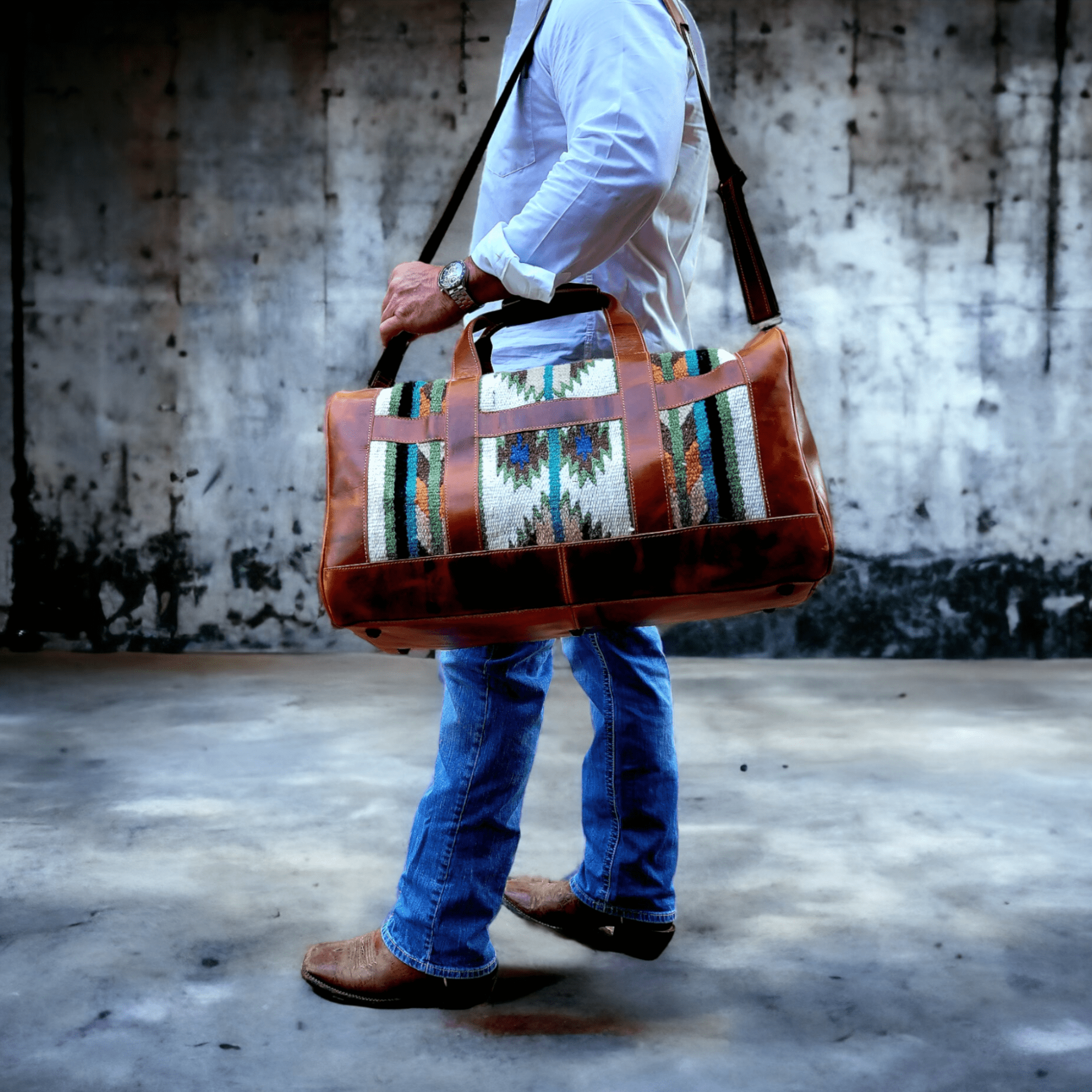 Southwestern Saddle Blanket Aztec Weekender Aspen Leather Duffel Bag - Ranch Junkie Mercantile LLC