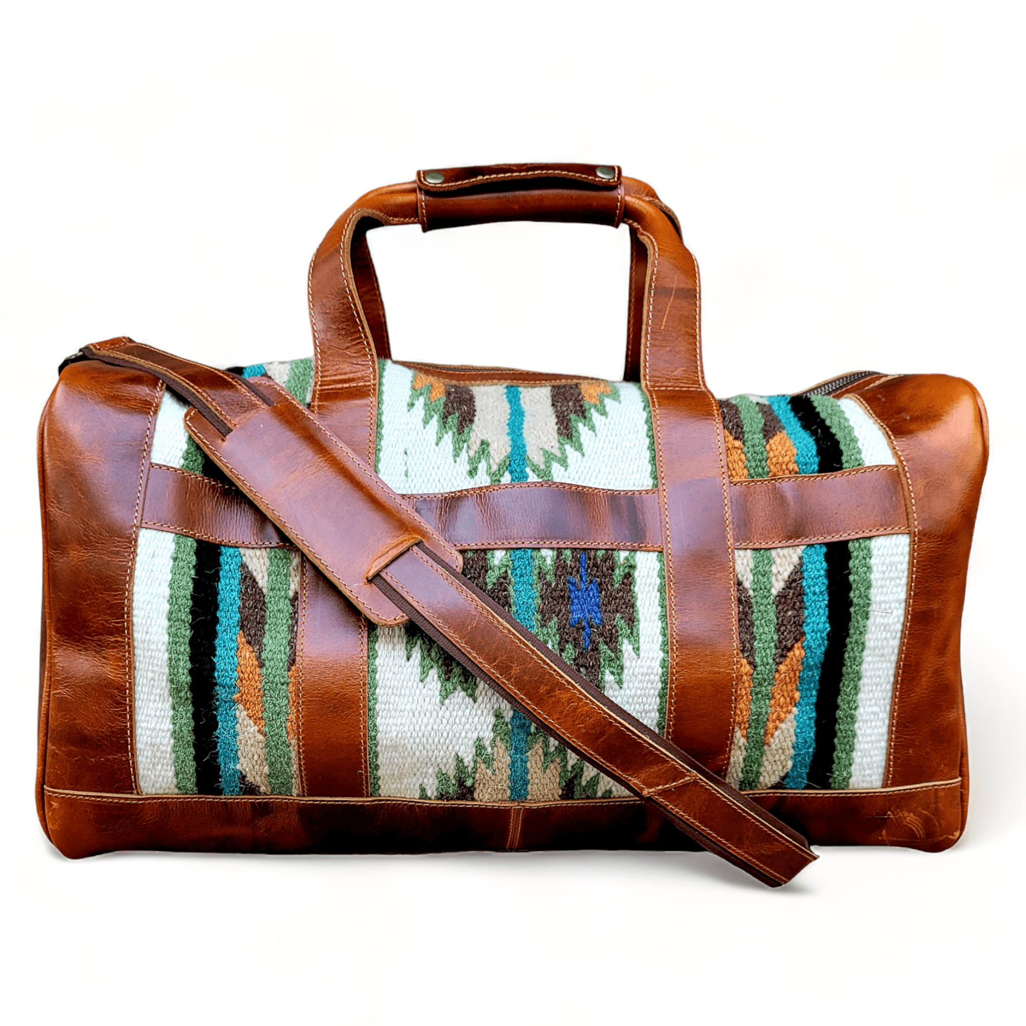 Southwestern Saddle Blanket Aztec Weekender Aspen Leather Duffel Bag - Ranch Junkie Mercantile LLC
