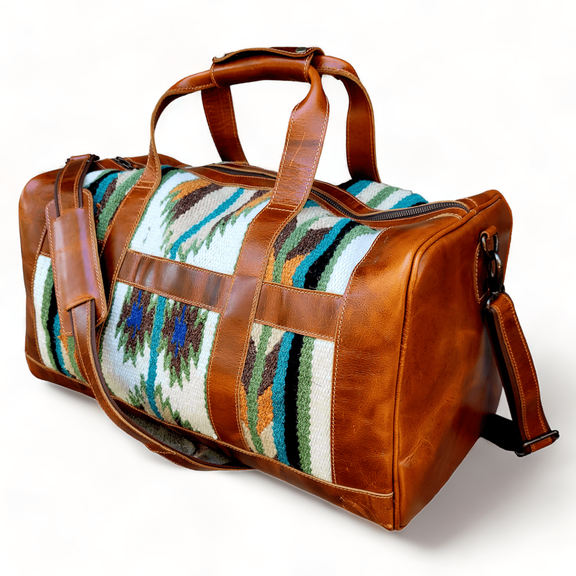 Southwestern Saddle Blanket Aztec Weekender Aspen Leather Duffel Bag - Ranch Junkie Mercantile LLC