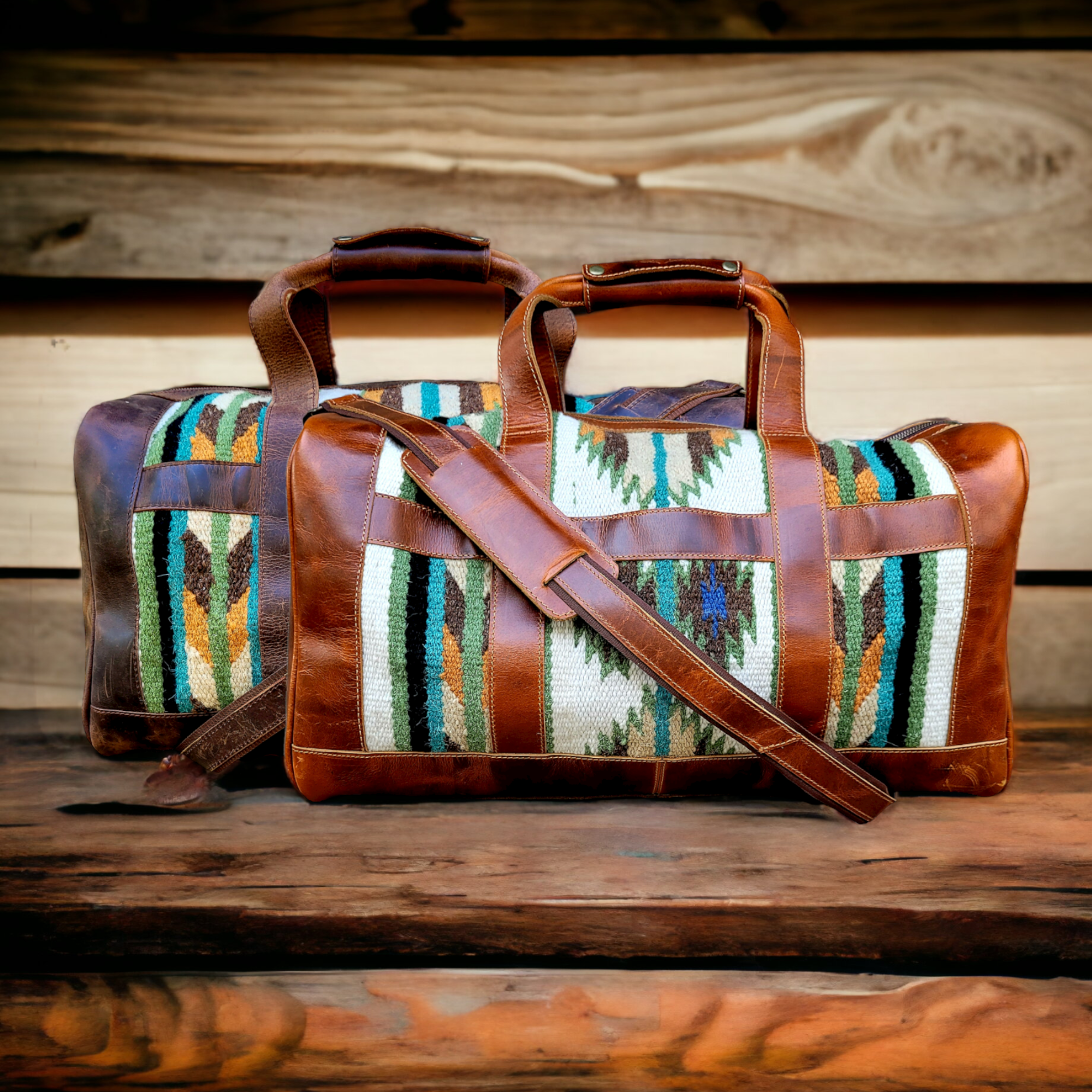 Bundle Deal Aspen Southwestern Leather Aztec Weekender Duffel Bag + Large Wool Boho Tote - Ranch Junkie Mercantile LLC