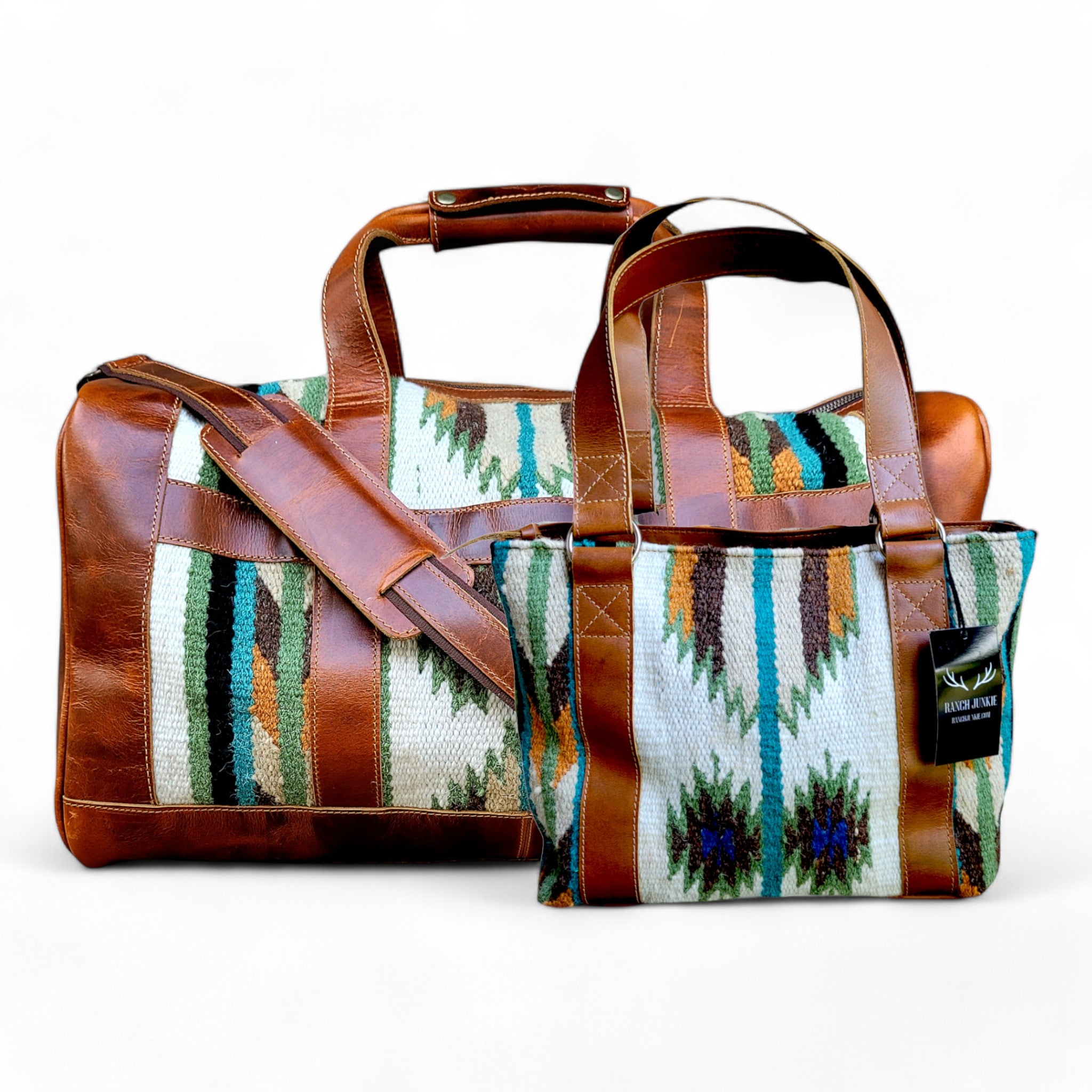 Bundle Deal Aspen Southwestern Handwoven Wool Leather Weekender + Handwoven Wool Tote Purse - Ranch Junkie Mercantile LLC
