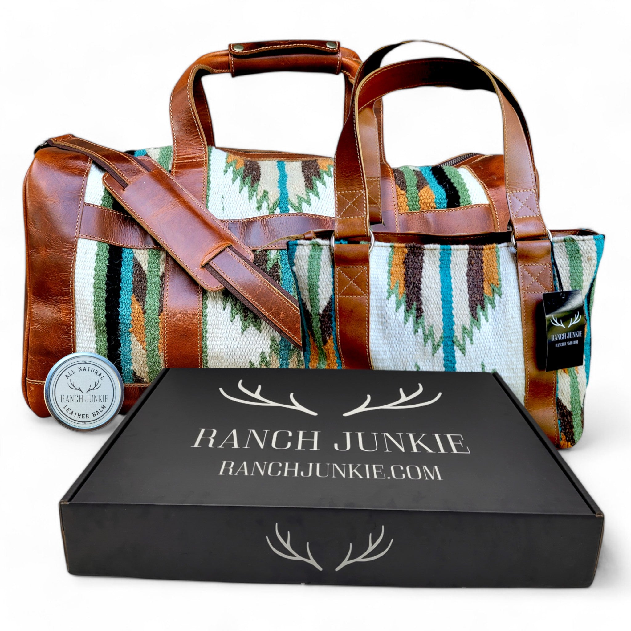 Bundle Deal Aspen Southwestern Handwoven Wool Leather Weekender + Handwoven Wool Tote Purse - Ranch Junkie Mercantile LLC