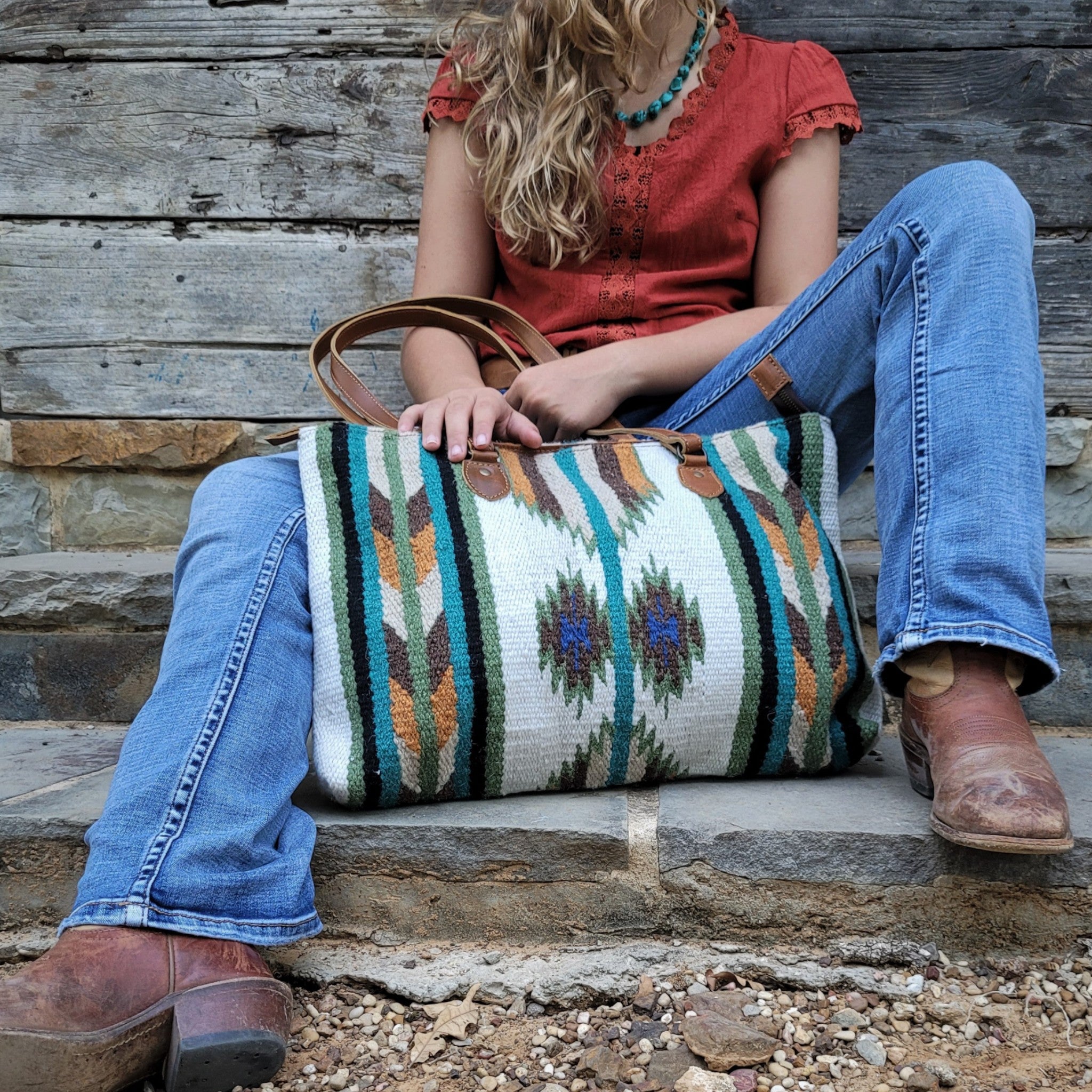 Bundle Deal Aspen Wool Southwestern Aztec Large Weekender Duffel Bag + Large Handwoven Wool Boho Tote - Ranch Junkie Mercantile LLC