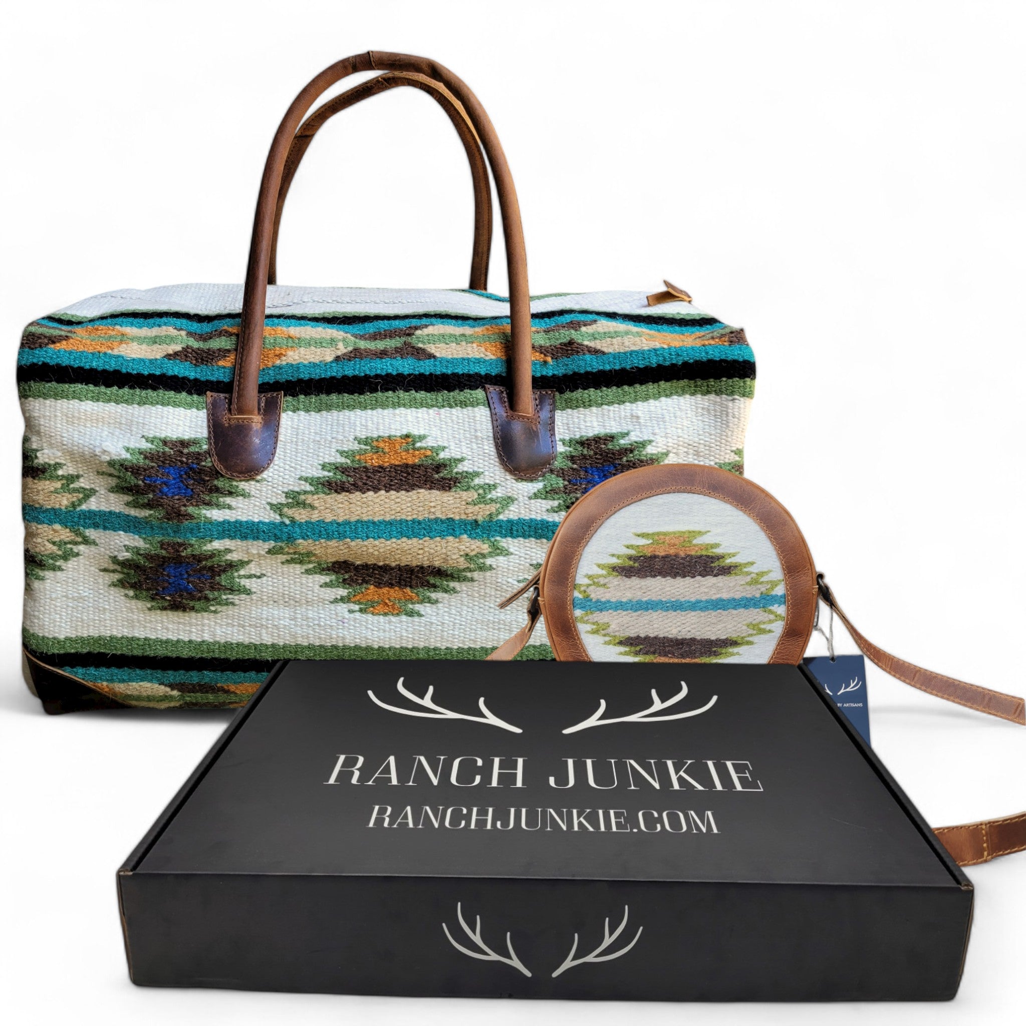 Bundle Deal Aspen Boho Aztec Saddle Blanket Large Weekender Southwestern Duffel Bag + Aspen Canteen Crossbody - Ranch Junkie Mercantile LLC