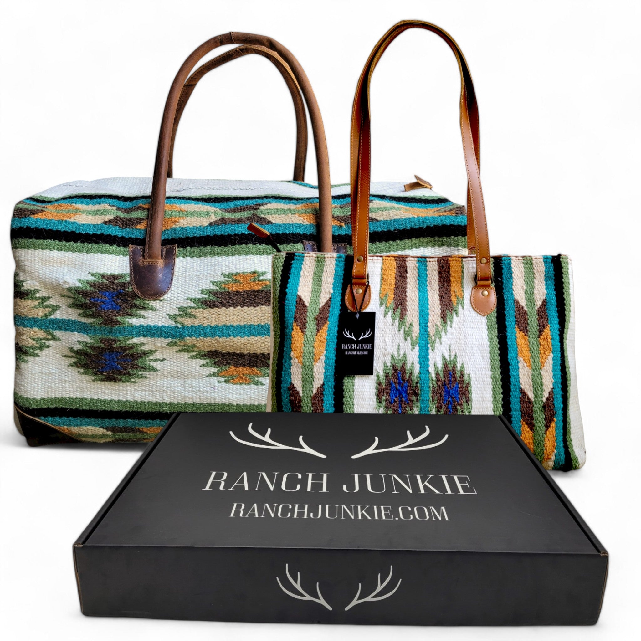 Bundle Deal Aspen Wool Southwestern Aztec Large Weekender Duffel Bag + Large Handwoven Wool Boho Tote - Ranch Junkie Mercantile LLC