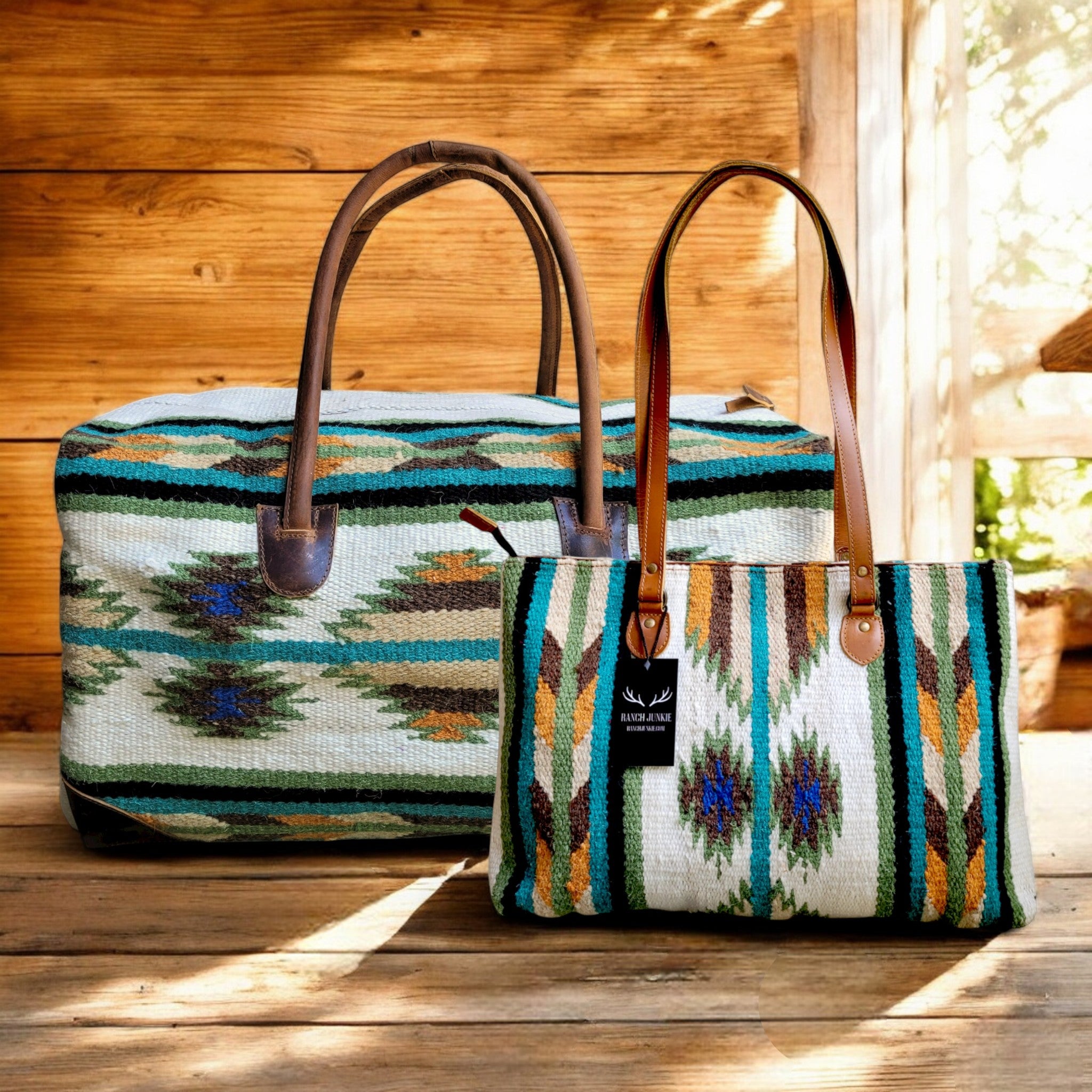 Bundle Deal Aspen Wool Southwestern Aztec Large Weekender Duffel Bag + Large Handwoven Wool Boho Tote - Ranch Junkie Mercantile LLC