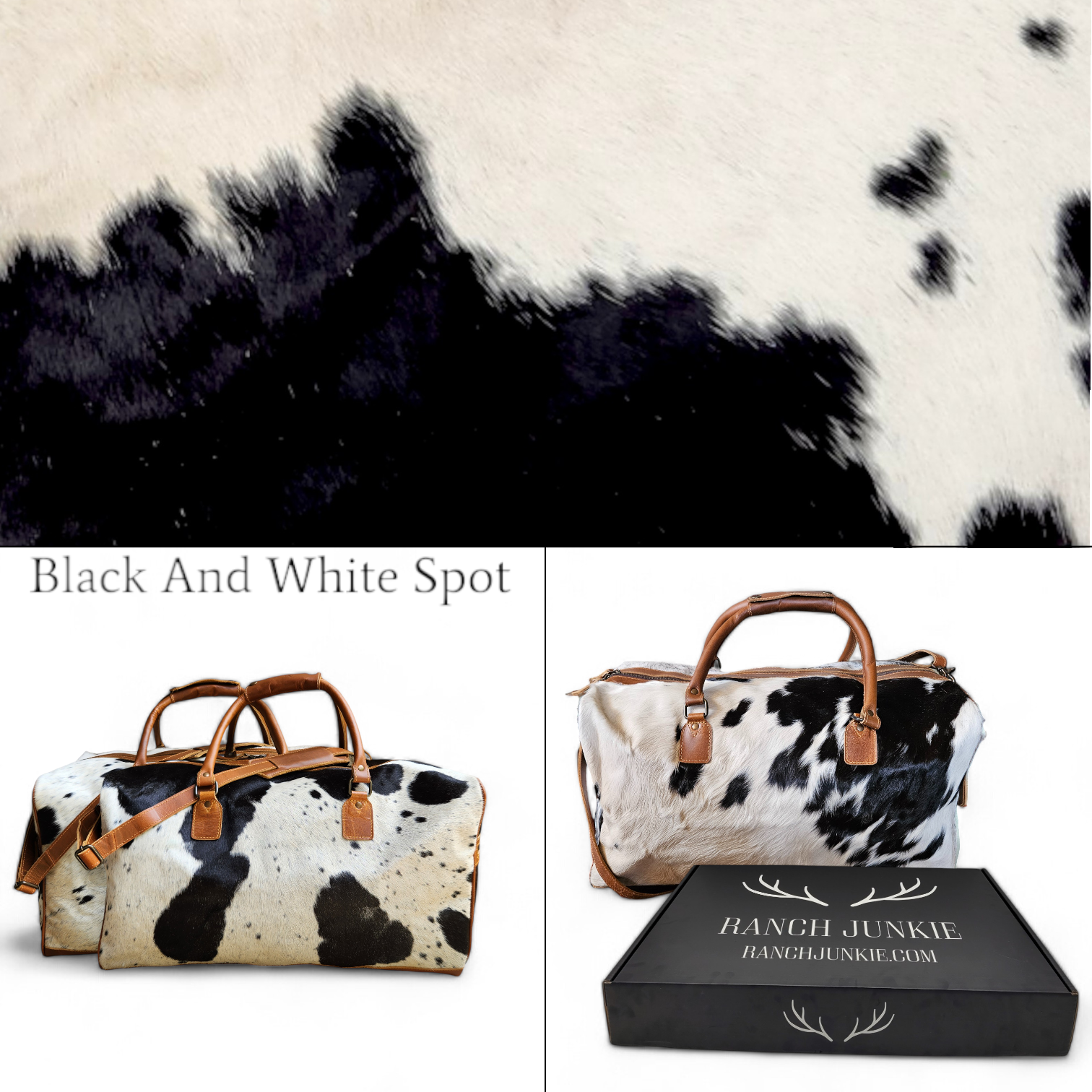 Bundle Deal Black Highlands Large Genuine Cowhide Weekender Duffel Bag+ Black Cosmetic Pouch Highlands Cowhide Makeup Bag - Ranch Junkie Mercantile LLC