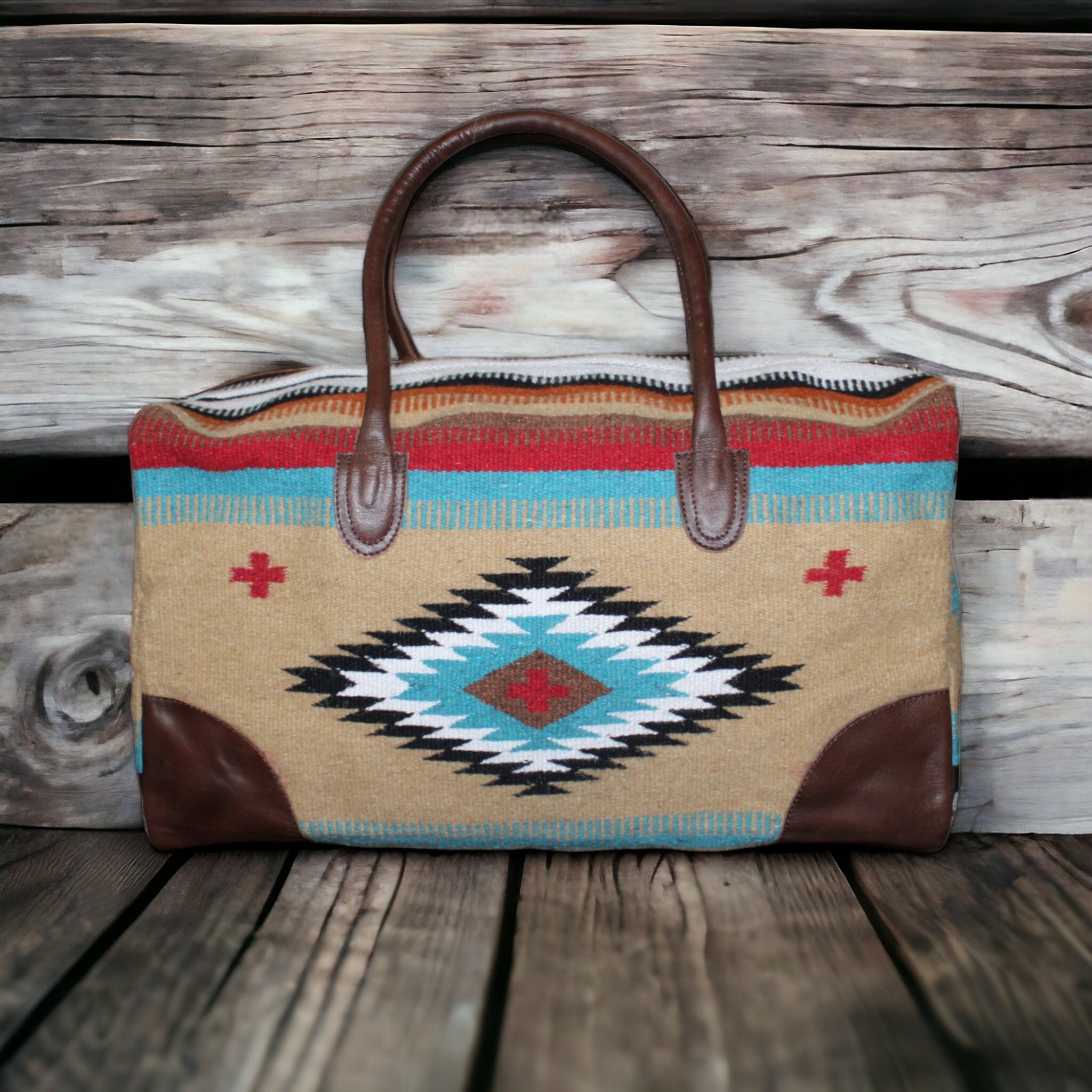 Aztec Large Weekender Southwestern Duffel Bag Cayman Saddle Blanket Bag 100% Leather Handles - Ranch Junkie Mercantile LLC