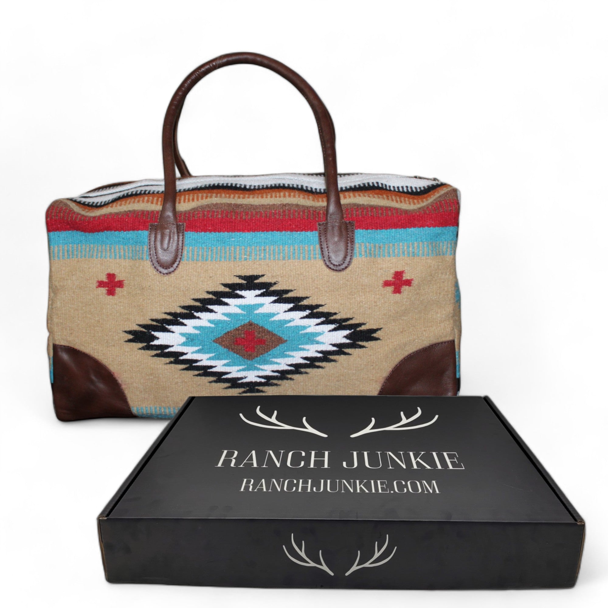 Aztec Large Weekender Southwestern Duffel Bag Cayman Saddle Blanket Bag 100% Leather Handles - Ranch Junkie Mercantile LLC