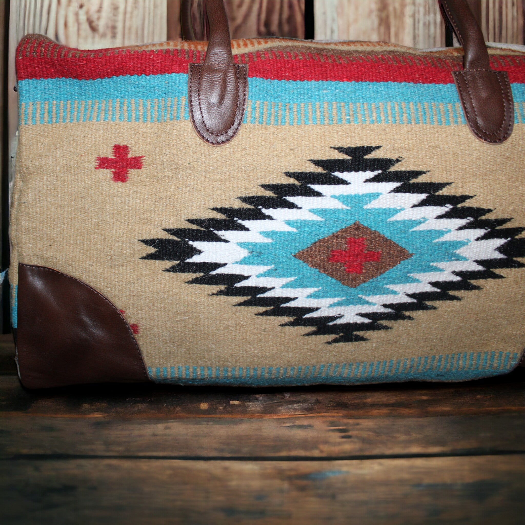 Aztec Large Weekender Southwestern Duffel Bag Cayman Saddle Blanket Bag 100% Leather Handles - Ranch Junkie Mercantile LLC