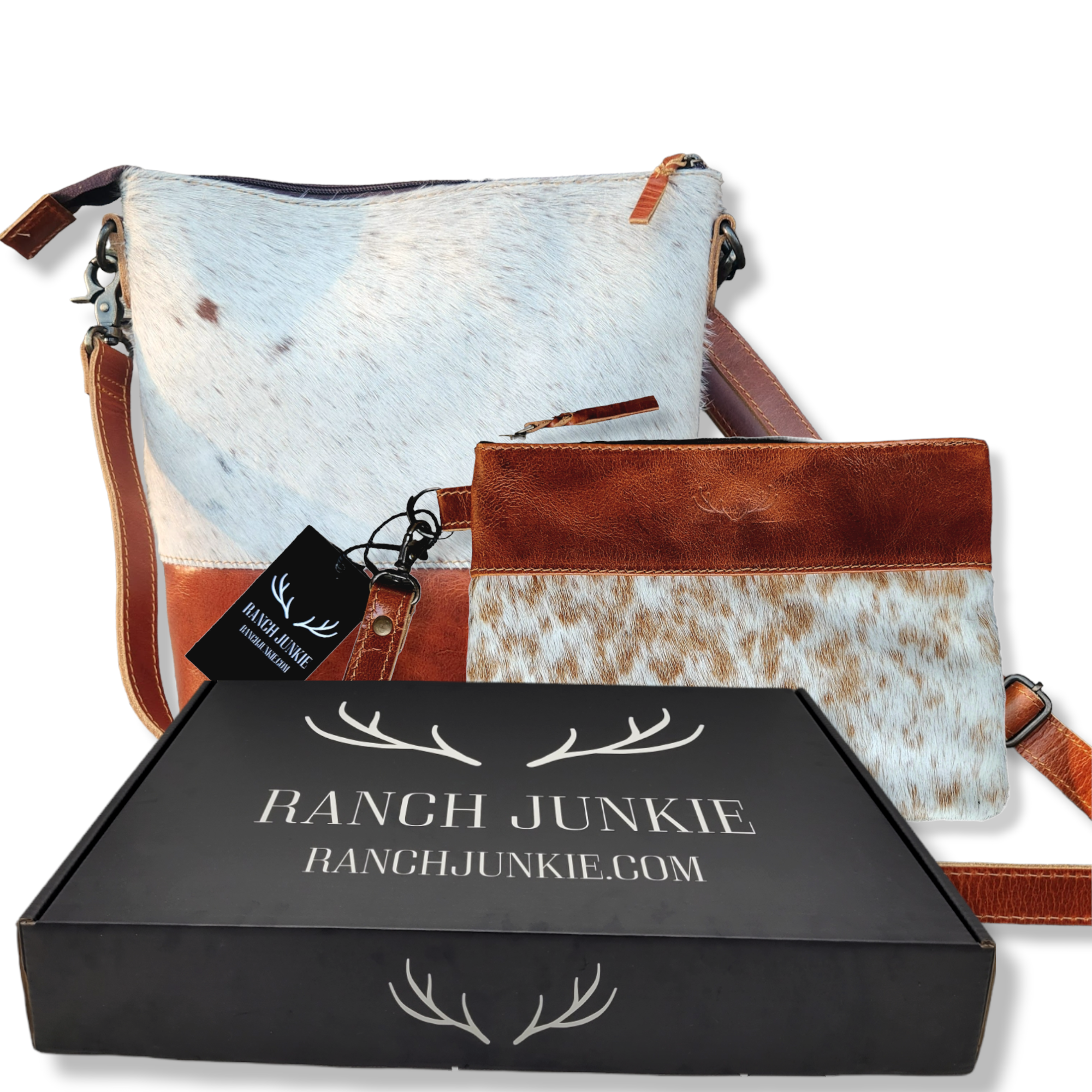 Bundle Deal- The Highlands Saddle Large Genuine Cowhide Crossbody Bag + Saddle Wristlet Clutch - Ranch Junkie Mercantile LLC