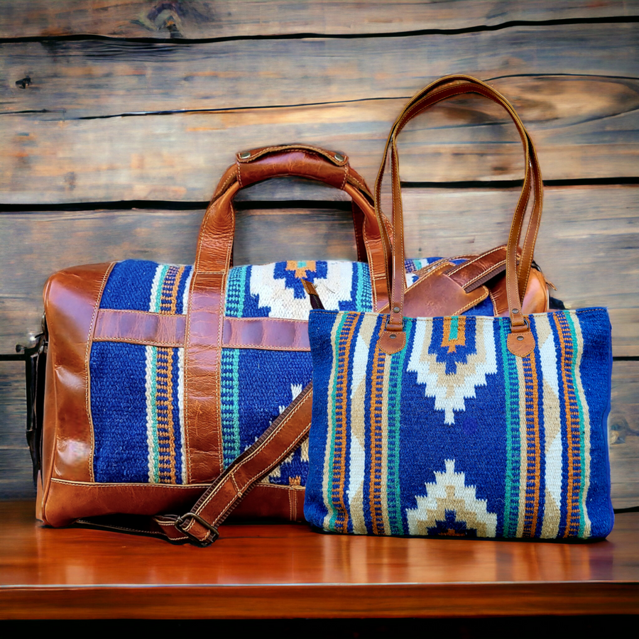 Bundle Deal -The Dakota Southwestern Leather Aztec Weekender Duffel Bag + Large Handwoven Wool Boho Tote - Ranch Junkie Mercantile LLC