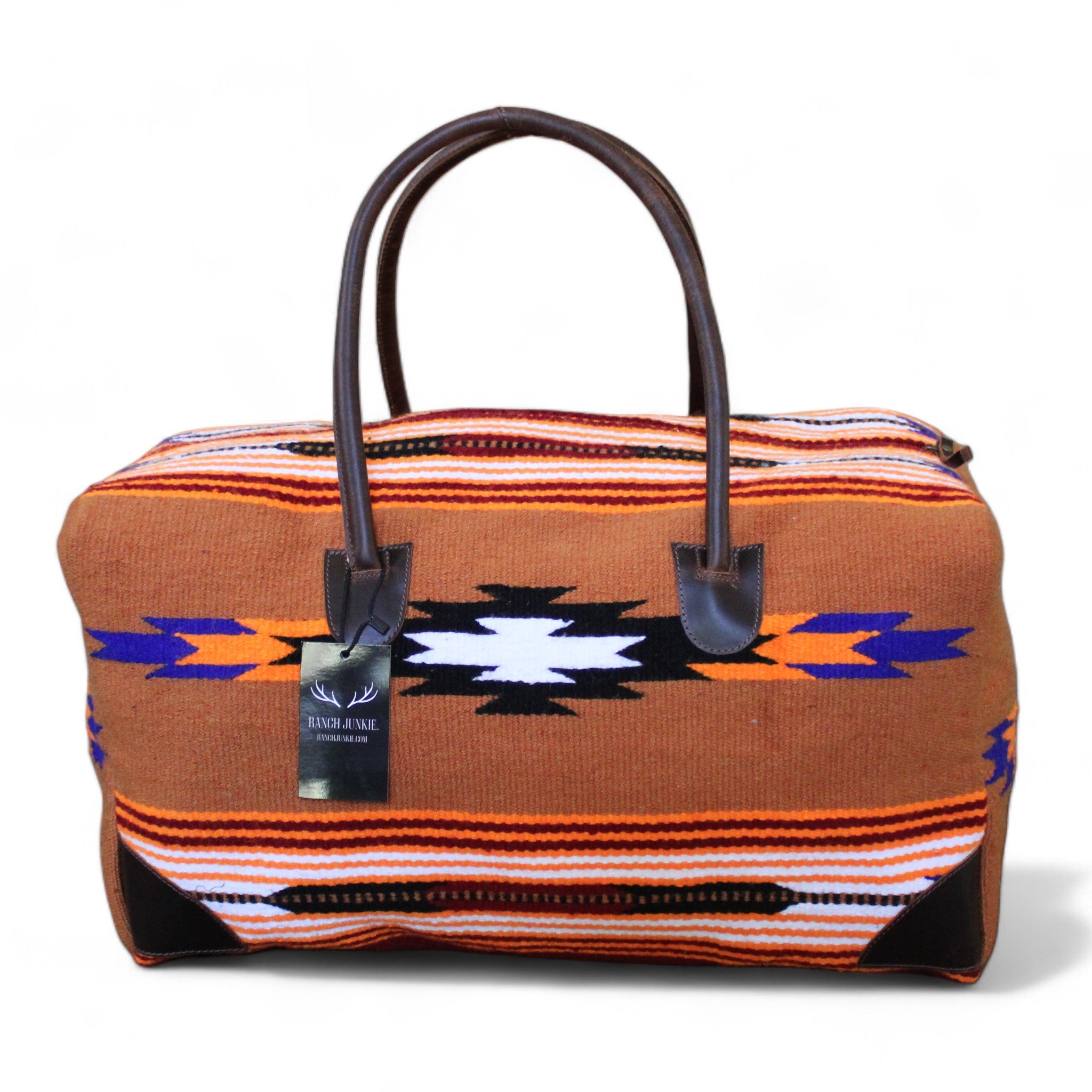 Boho Aztec Large Weekender Southwestern Duffel Bag Del Sol Saddle Blanket Bag 100% Leather Handles - Ranch Junkie Mercantile LLC