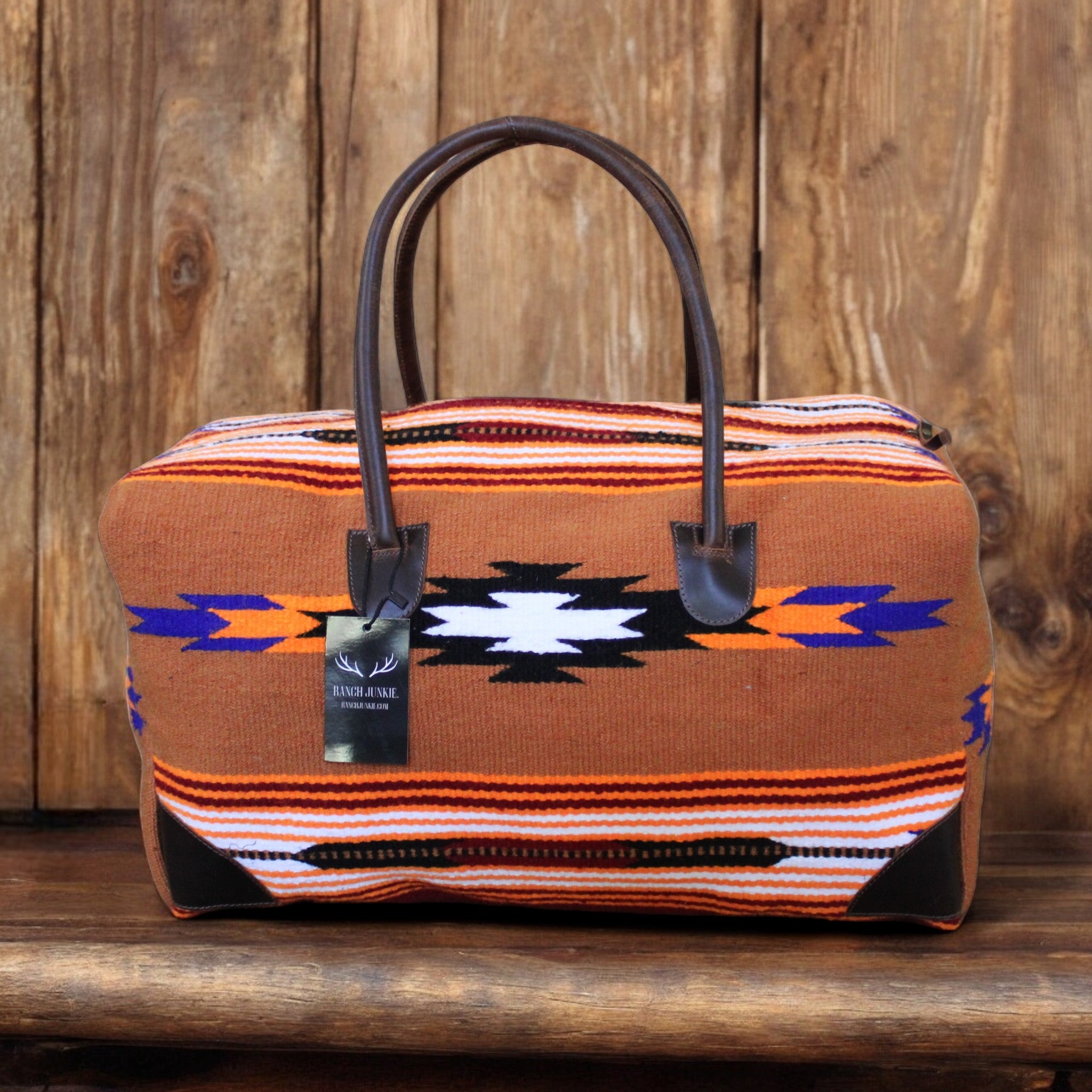 Boho Aztec Large Weekender Southwestern Duffel Bag Del Sol Saddle Blanket Bag 100% Leather Handles - Ranch Junkie Mercantile LLC