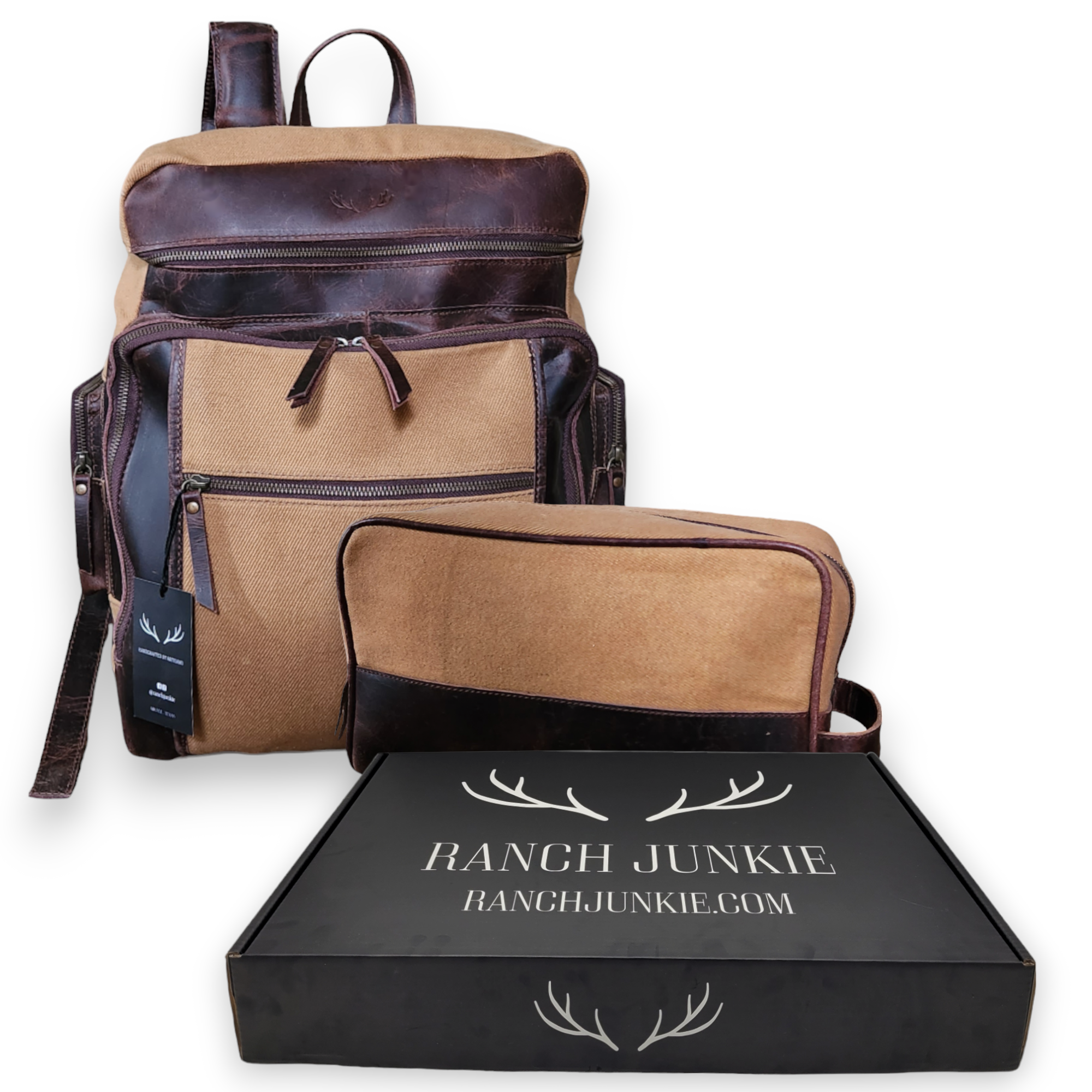 Bundle Deal Canvas/Leather Drifter Backpack + Toiletry Bag Tan - Ranch Junkie Mercantile LLC