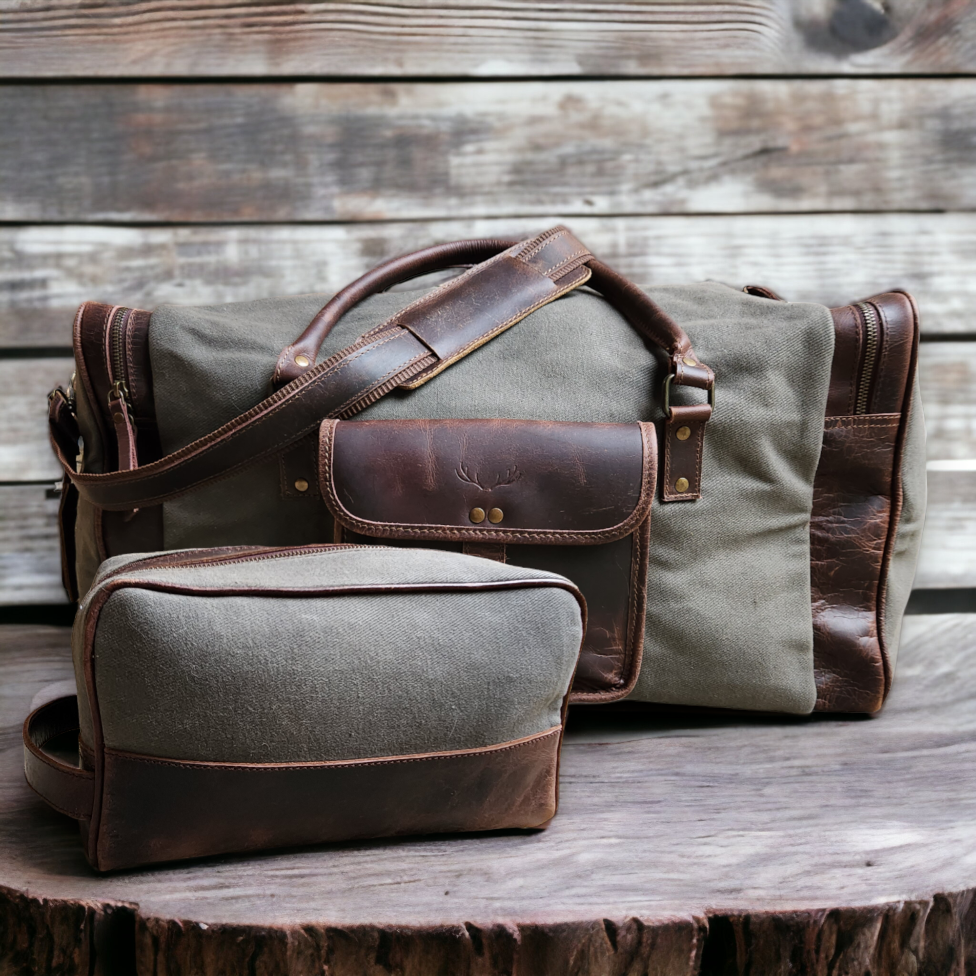Bundle Deal Army Green Drifter Canvas And Leather Weekender Duffel Bag + Toiletry Bag - Ranch Junkie Mercantile LLC