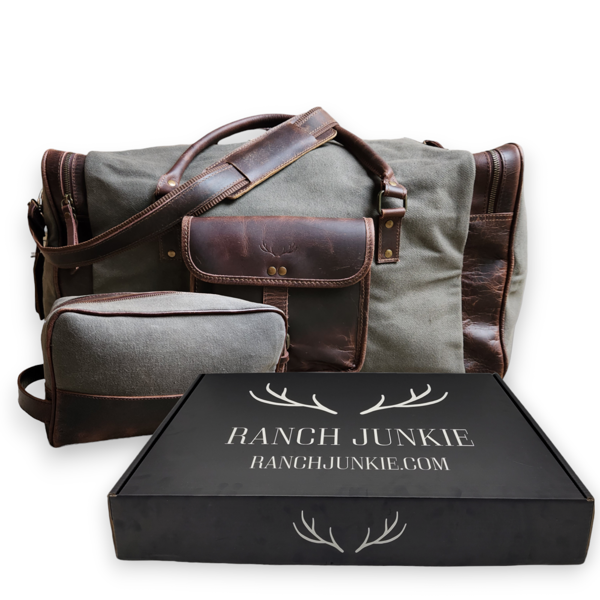 Bundle Deal Army Green Drifter Canvas And Leather Weekender Duffel Bag + Toiletry Bag - Ranch Junkie Mercantile LLC