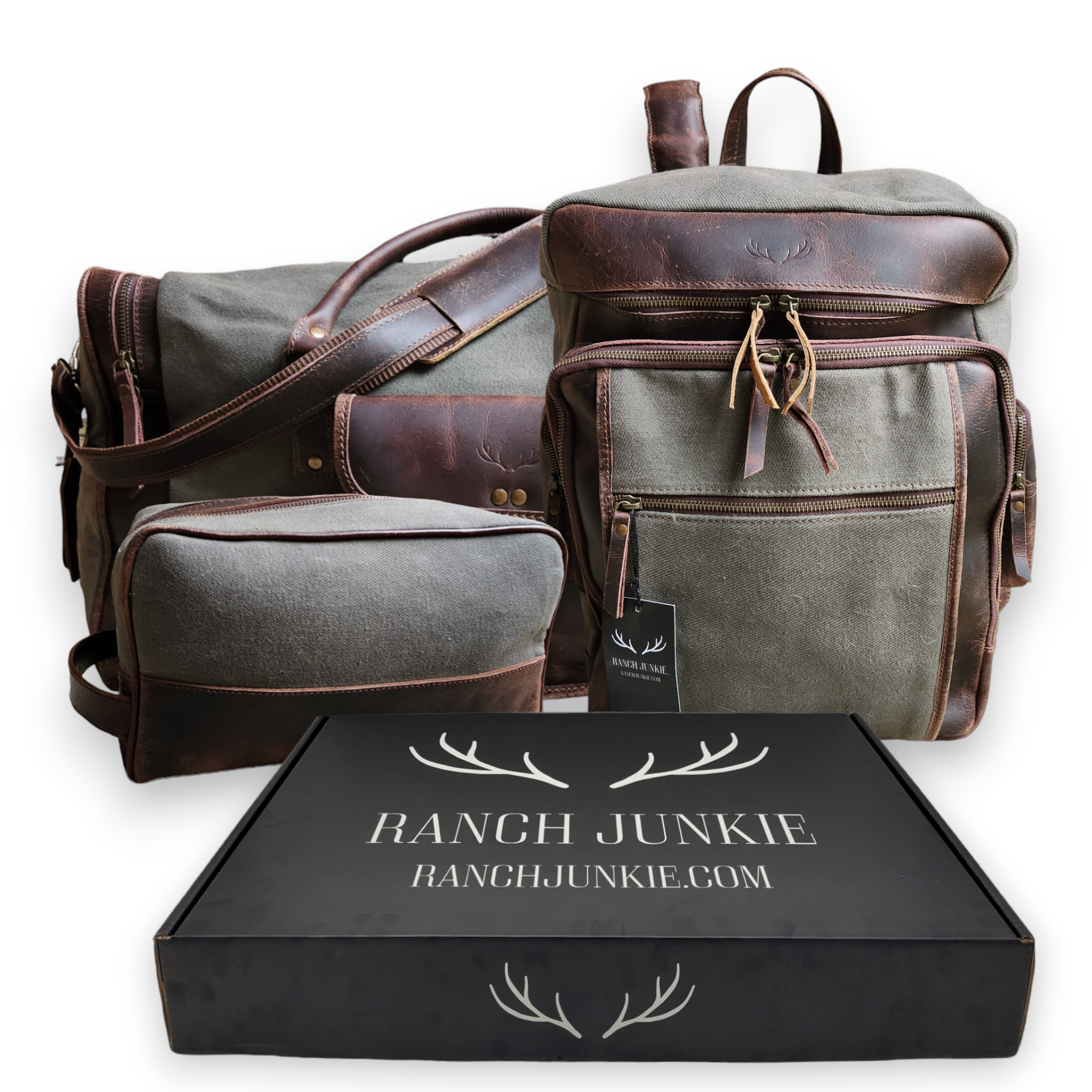 Mega Bundle Deal Canvas/Leather Drifter Duffel + Backpack + Toiletry Bag Army Green - Ranch Junkie Mercantile LLC