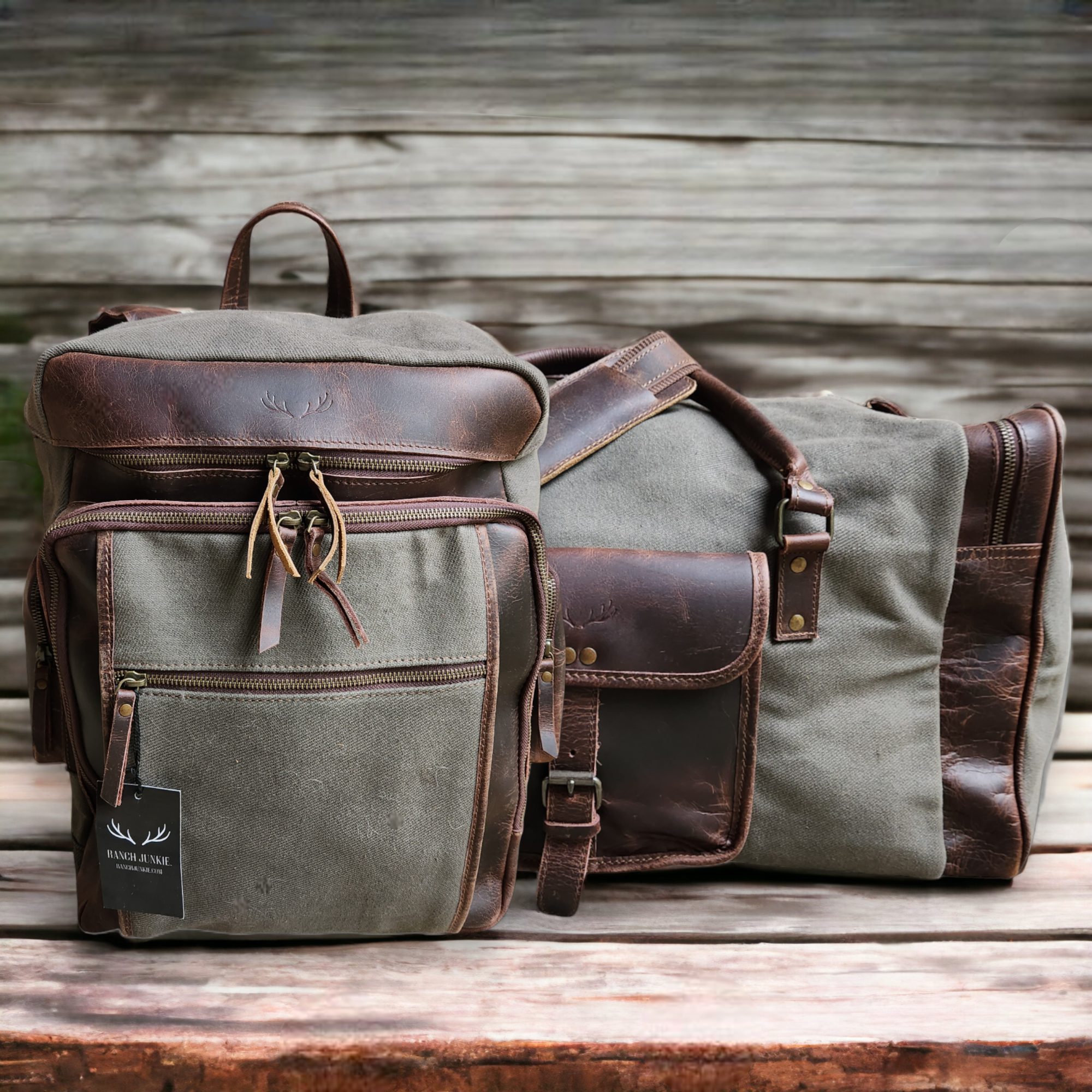 Bundle Deal Canvas/Leather Drifter Weekender Duffel Bag Army Green + Drifter Backpack - Ranch Junkie Mercantile LLC