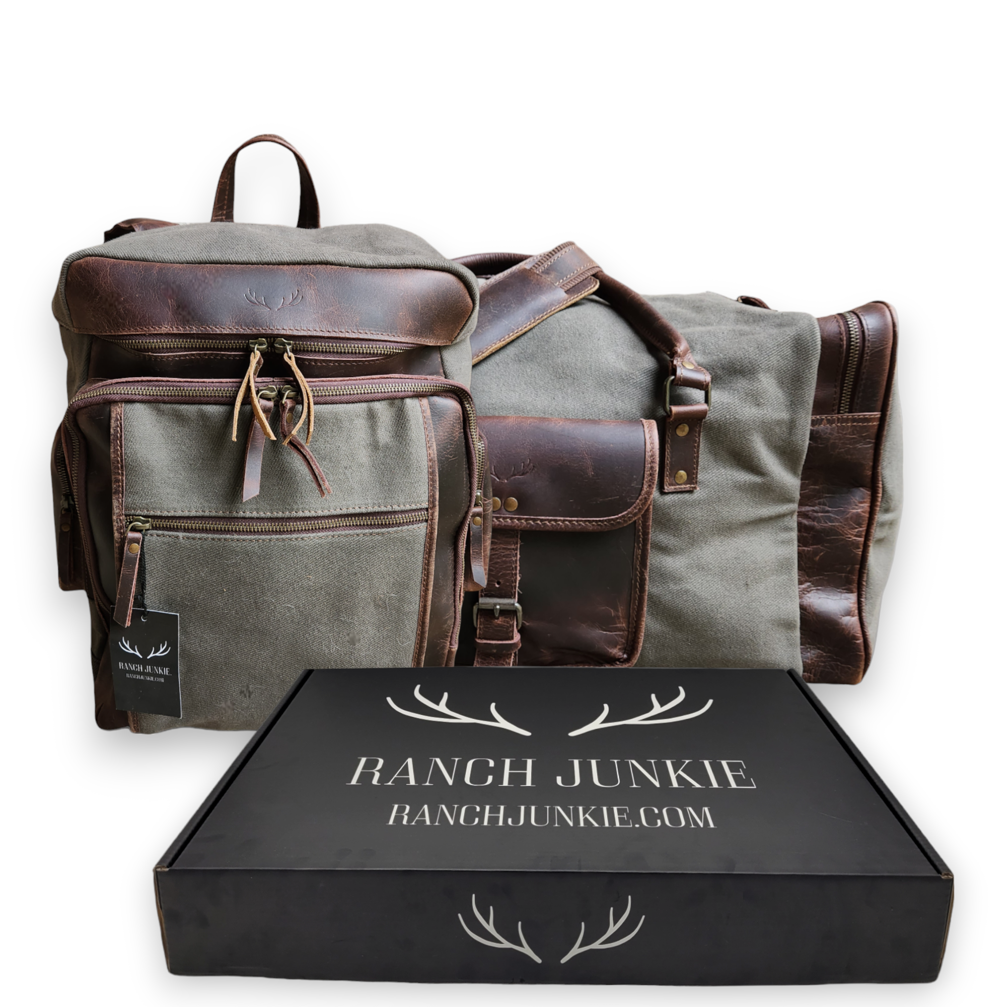 Bundle Deal Canvas/Leather Drifter Weekender Duffel Bag Army Green + Drifter Backpack - Ranch Junkie Mercantile LLC