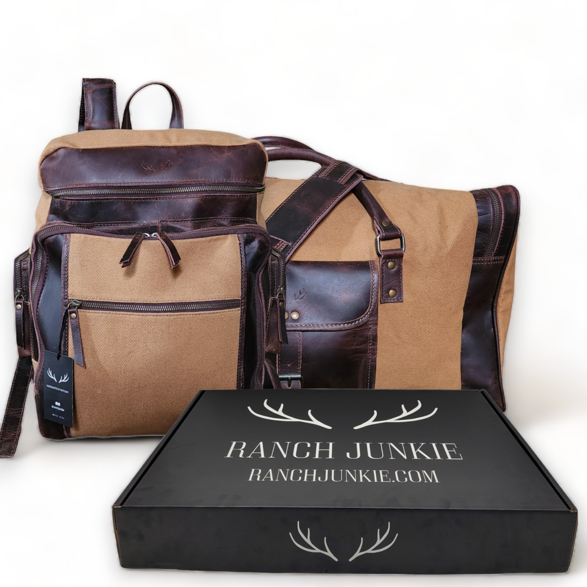 Bundle Deal Canvas/Leather Drifter Weekender Duffel Bag Tan + Drifter Backpack - Ranch Junkie Mercantile LLC