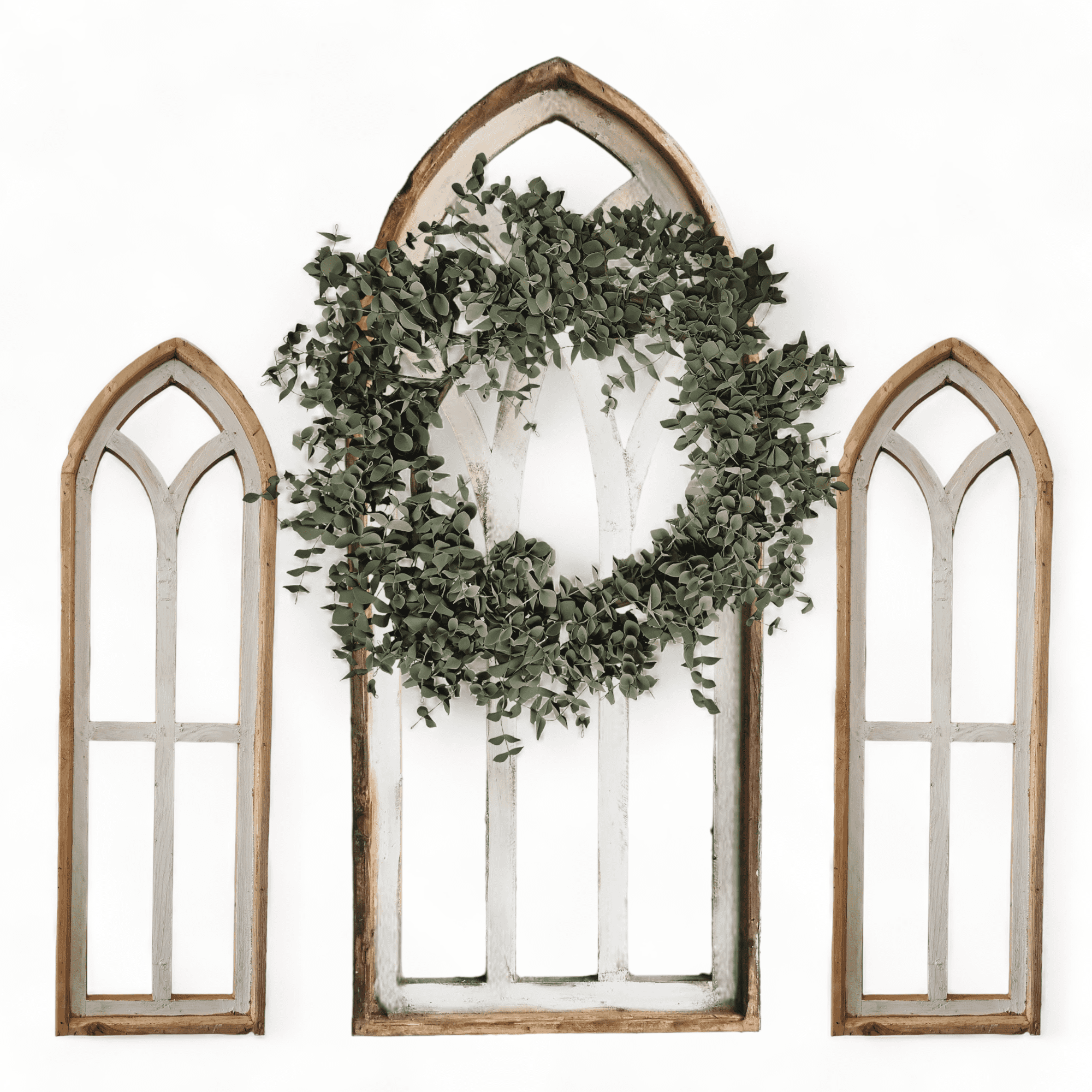 Rustic White Set of 3 Farmhouse Wooden Cathedral Window Arches- The Farmhouse Cathedral Collection Rustic White + Wreaths - Ranch Junkie Mercantile LLC