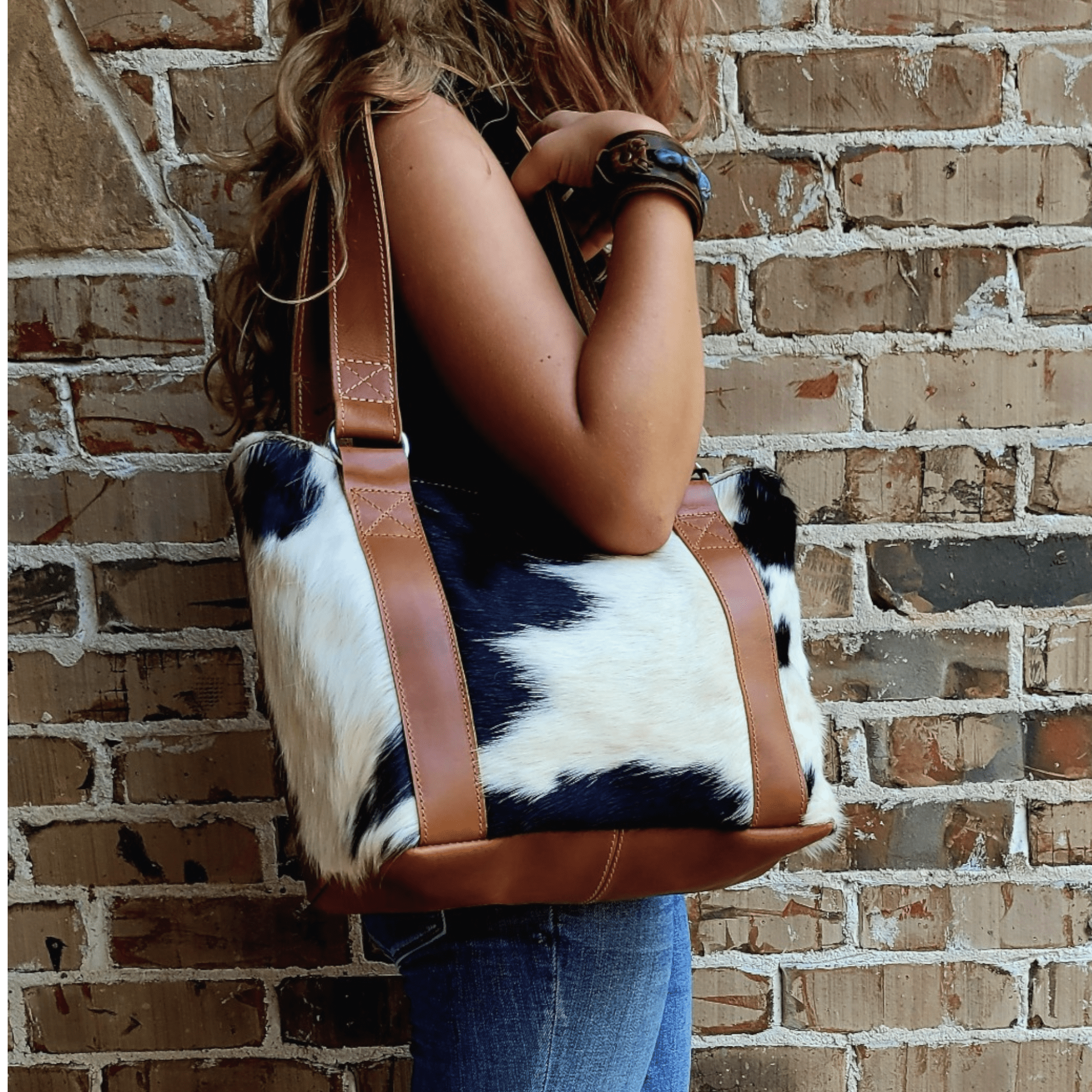 The Highlands Genuine Cowhide Tote Handbag Black White - Ranch Junkie Mercantile LLC