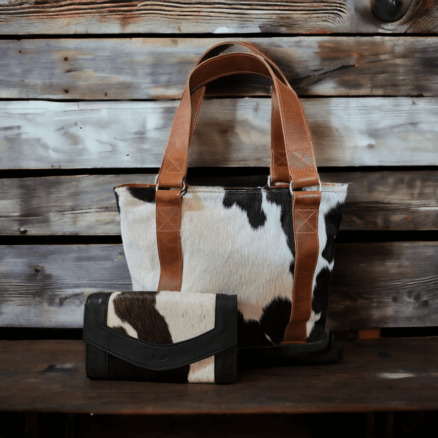 Bundle Deal -The Highlands Cowhide Tote Purse Black + Envelope Cowhide Large Wallet Black - Ranch Junkie Mercantile LLC