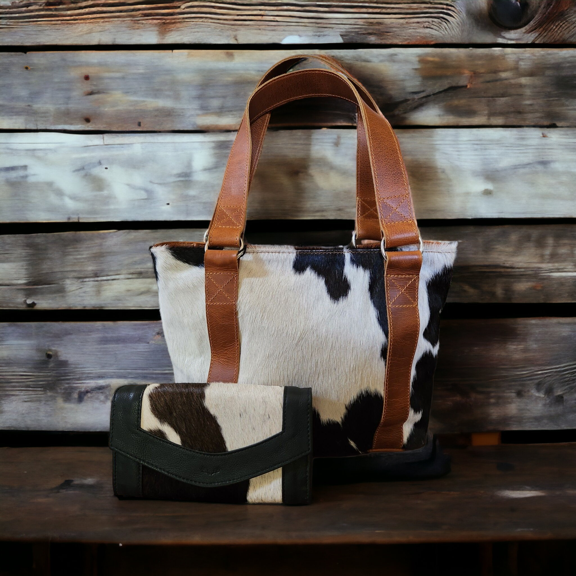 Bundle Deal Highlands Cowhide Tote Purse Black + Envelope Cowhide Large Wallet Black - Ranch Junkie Mercantile LLC