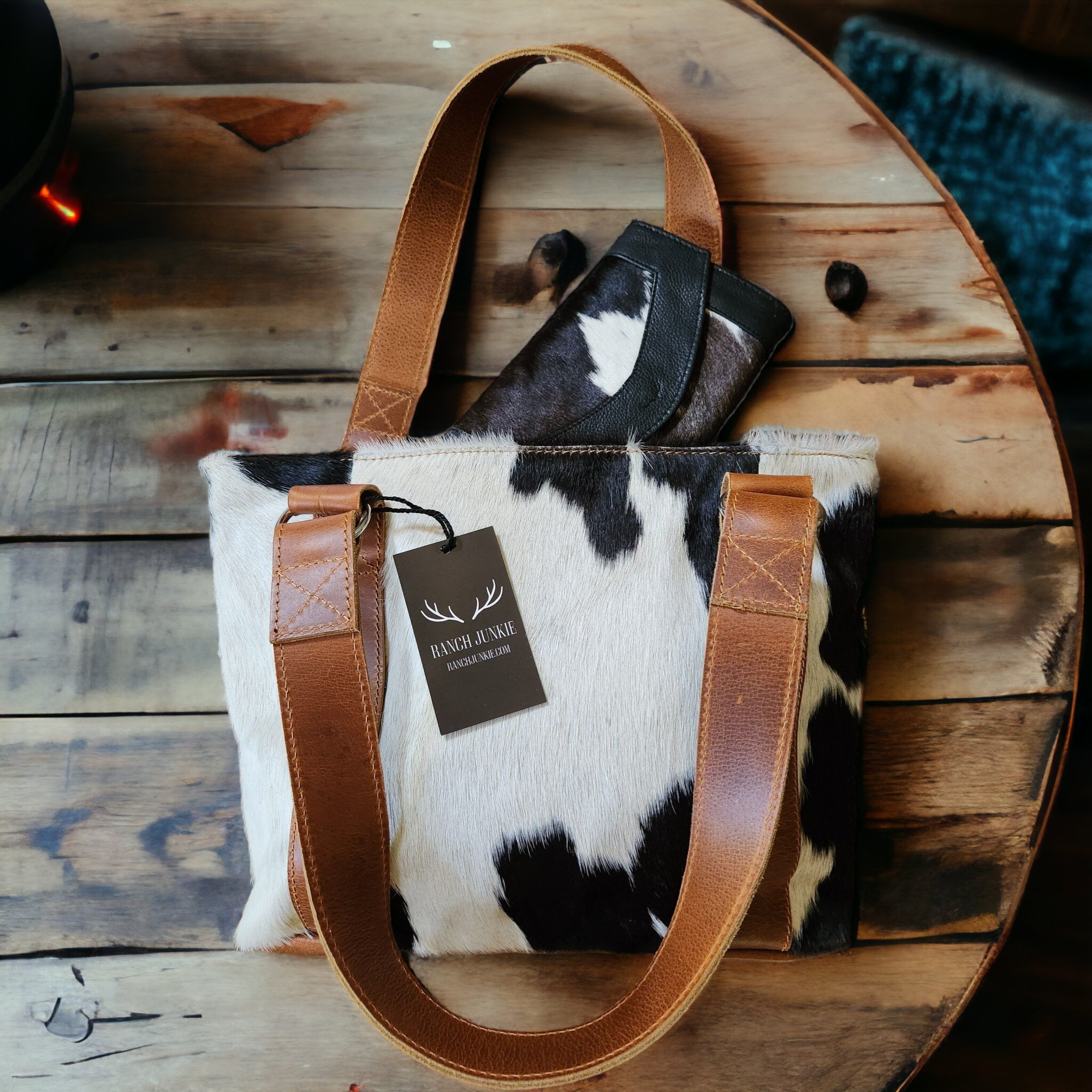 Bundle Deal Highlands Cowhide Tote Purse Black + Envelope Cowhide Large Wallet Black - Ranch Junkie Mercantile LLC