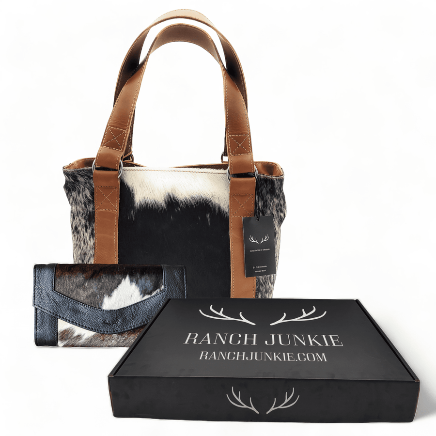 Bundle Deal -The Highlands Cowhide Tote Purse Black + Envelope Cowhide Large Wallet Black - Ranch Junkie Mercantile LLC