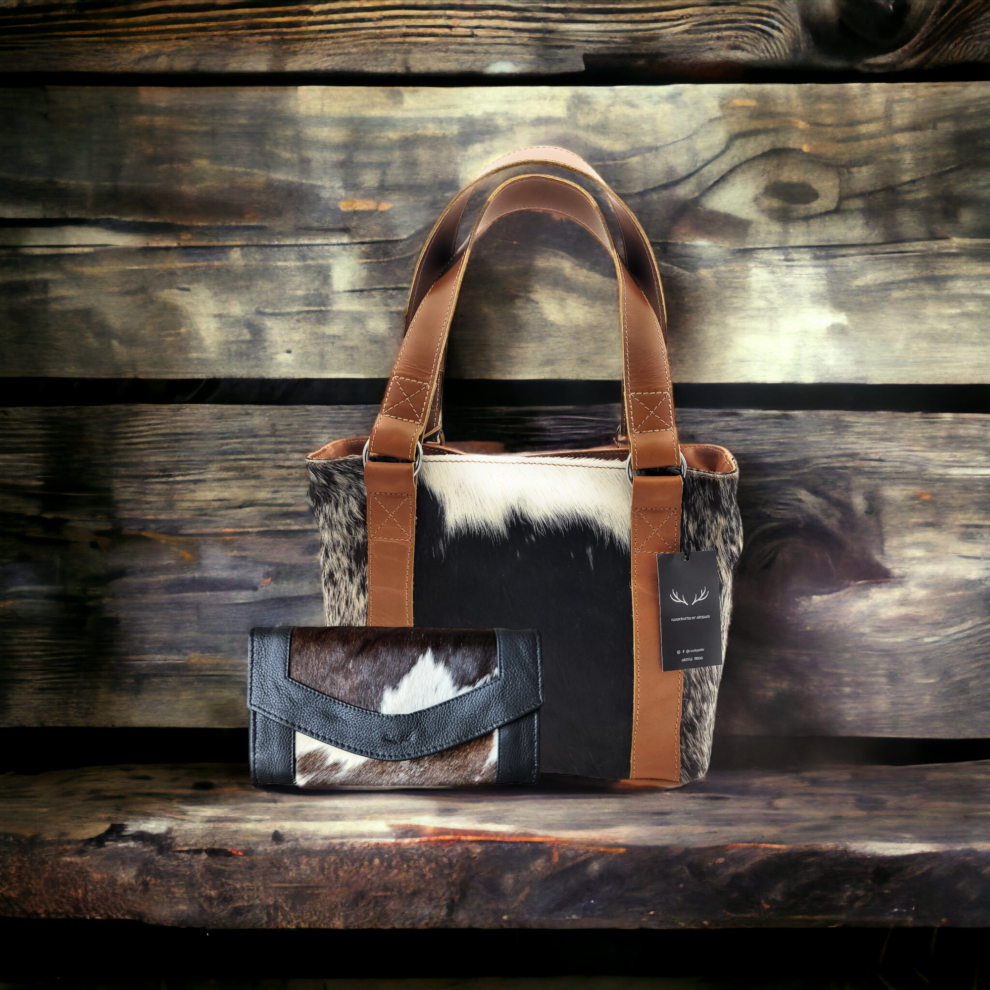 Bundle Deal Highlands Cowhide Tote Purse Black + Envelope Cowhide Large Wallet Black - Ranch Junkie Mercantile LLC