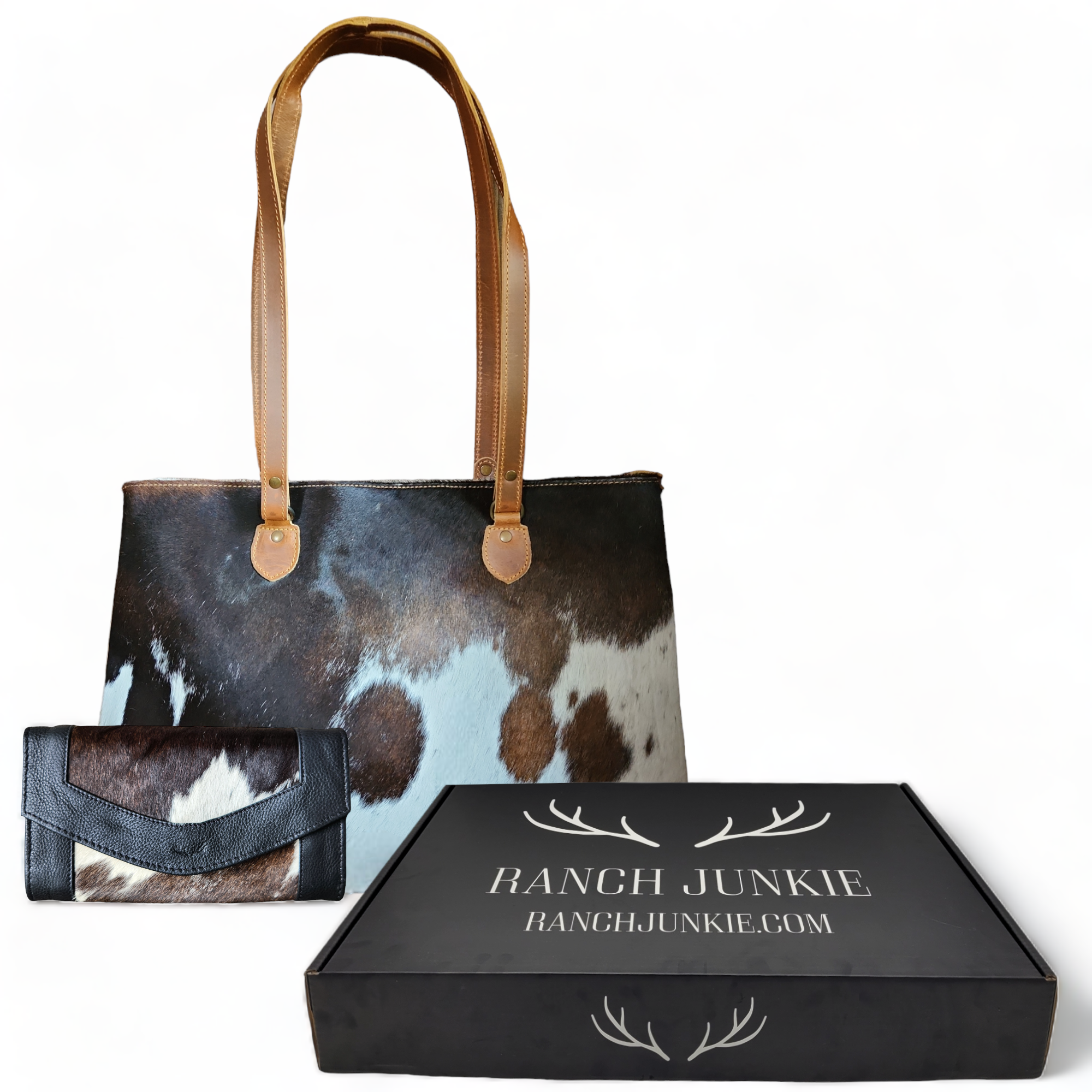 Bundle Deal Highlands Cowhide Large Tote Black + Envelope Cowhide Wallet - Ranch Junkie Mercantile LLC