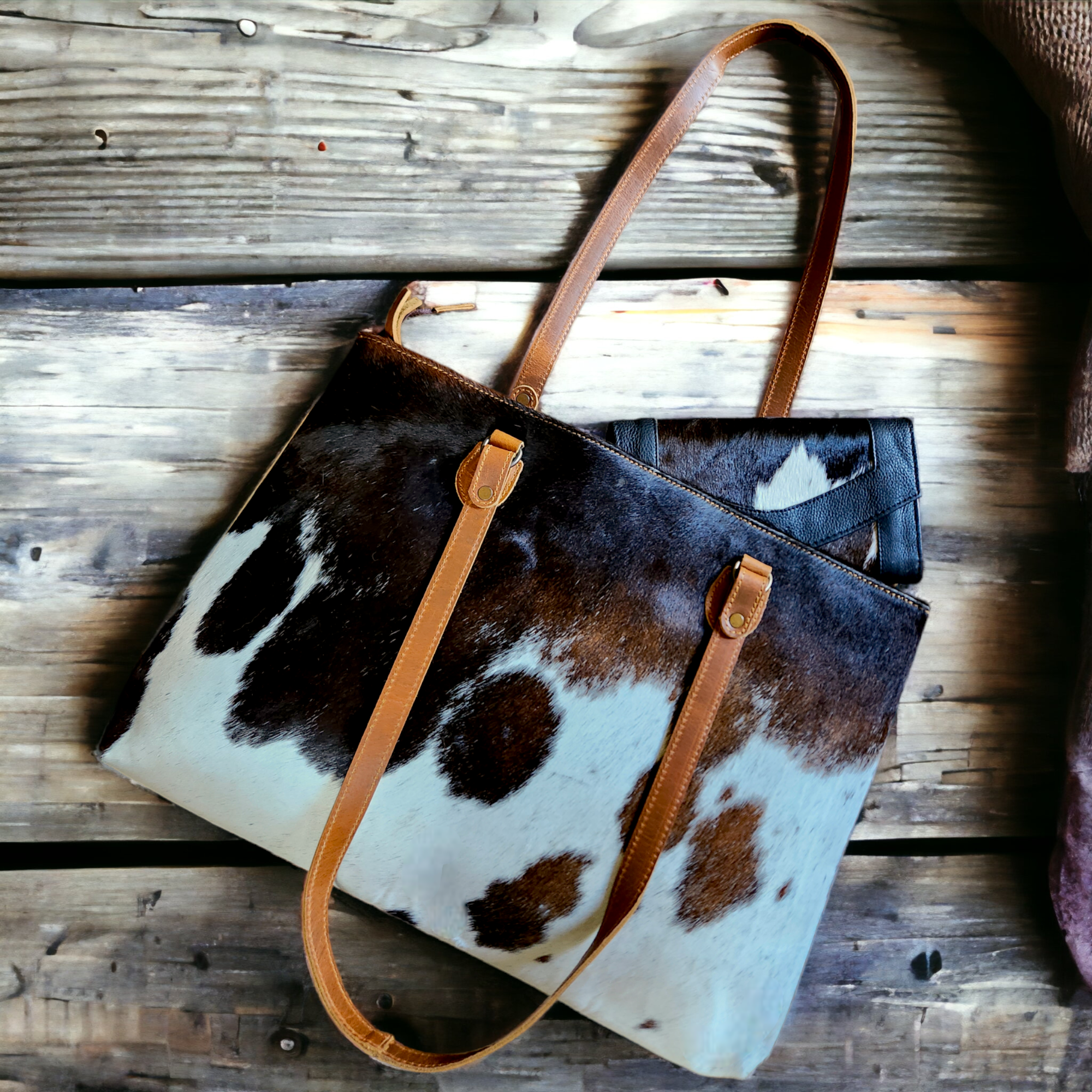 Bundle Deal Highlands Cowhide Large Tote Black + Envelope Cowhide Wallet - Ranch Junkie Mercantile LLC