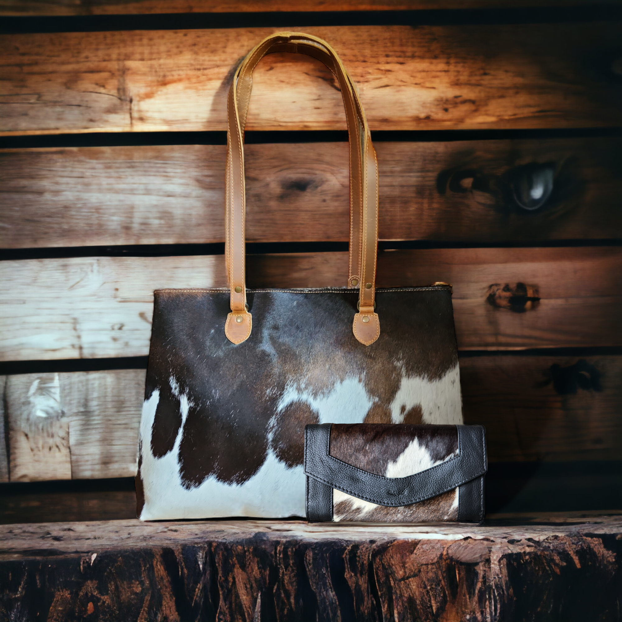 Bundle Deal Highlands Cowhide Large Tote Black + Envelope Cowhide Wallet - Ranch Junkie Mercantile LLC