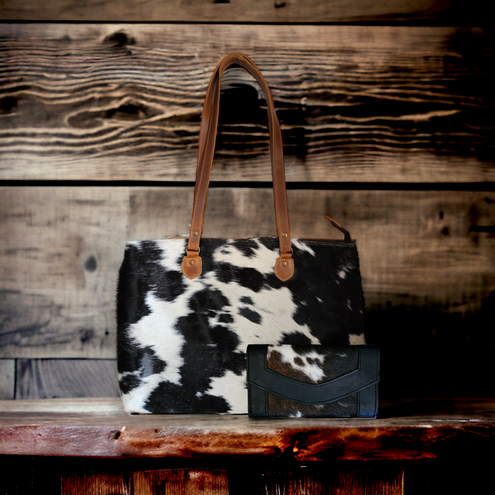 Bundle Deal Highlands Cowhide Large Tote Black + Envelope Cowhide Wallet - Ranch Junkie Mercantile LLC