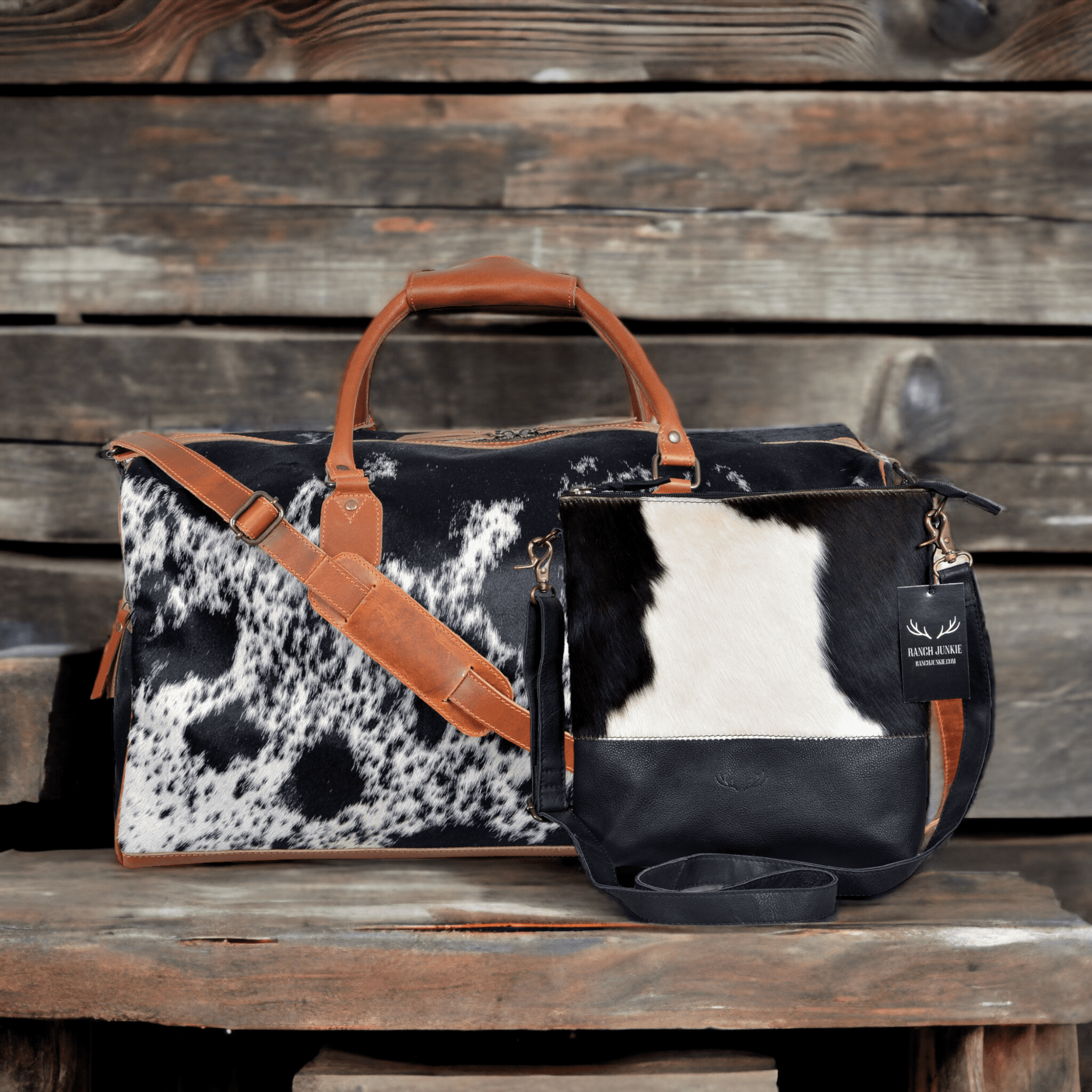 Bundle Deal -The Highlands Large Genuine Cowhide Weekender Duffel Black+ Crossbody Purse Black - Ranch Junkie Mercantile LLC