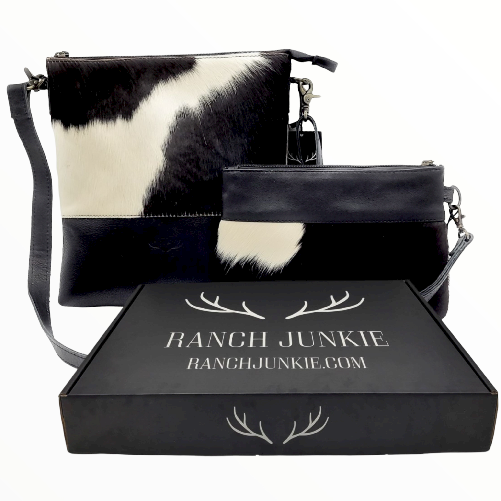Bundle Deal Highlands Large Black Genuine Cowhide Crossbody Bag + Black Wristlet Clutch - Ranch Junkie Mercantile LLC