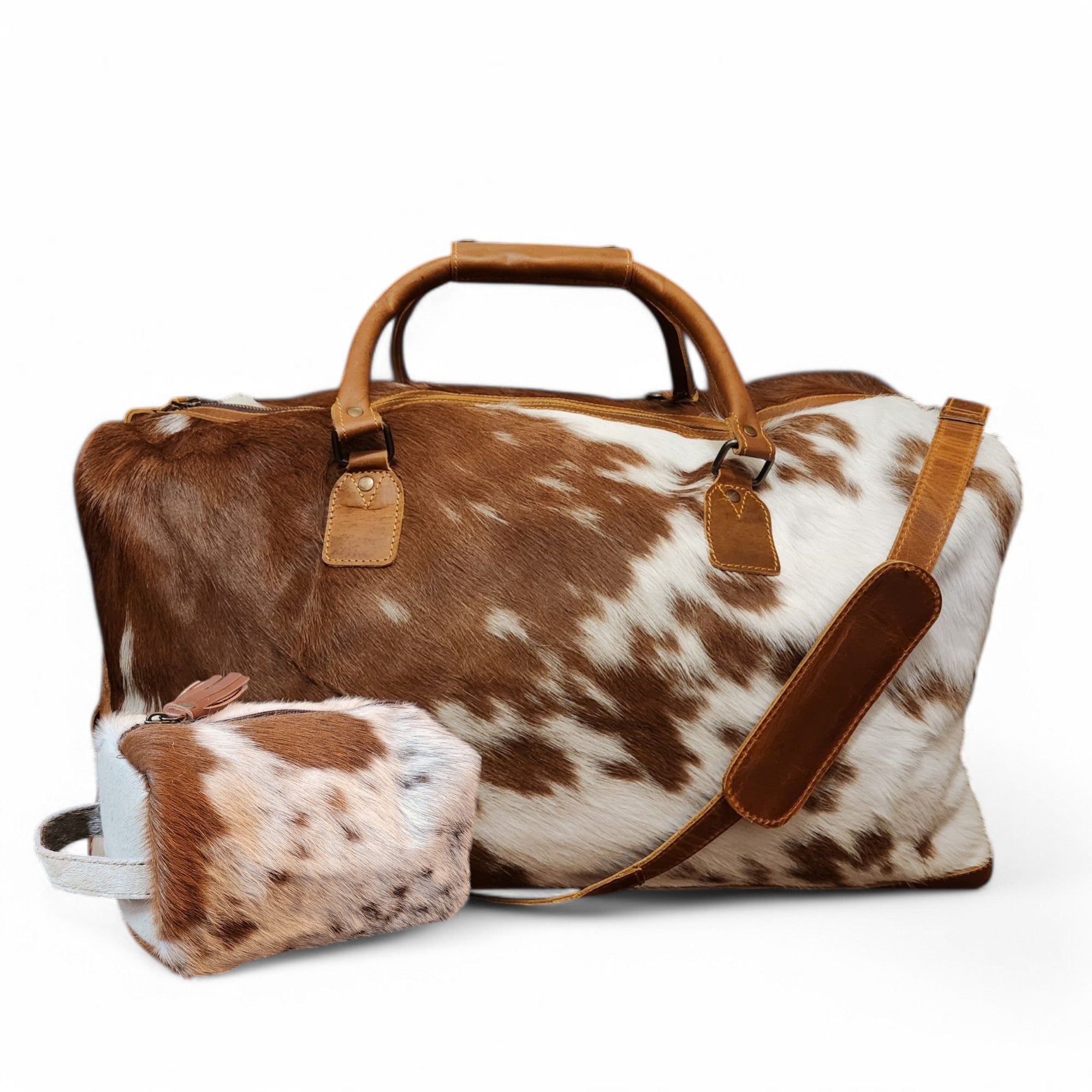 Bundle Deal Highlands Large Caramel Genuine Cowhide Duffel Bag+ Caramel Cosmetic Pouch Highlands Cowhide Makeup Bag - Ranch Junkie Mercantile LLC