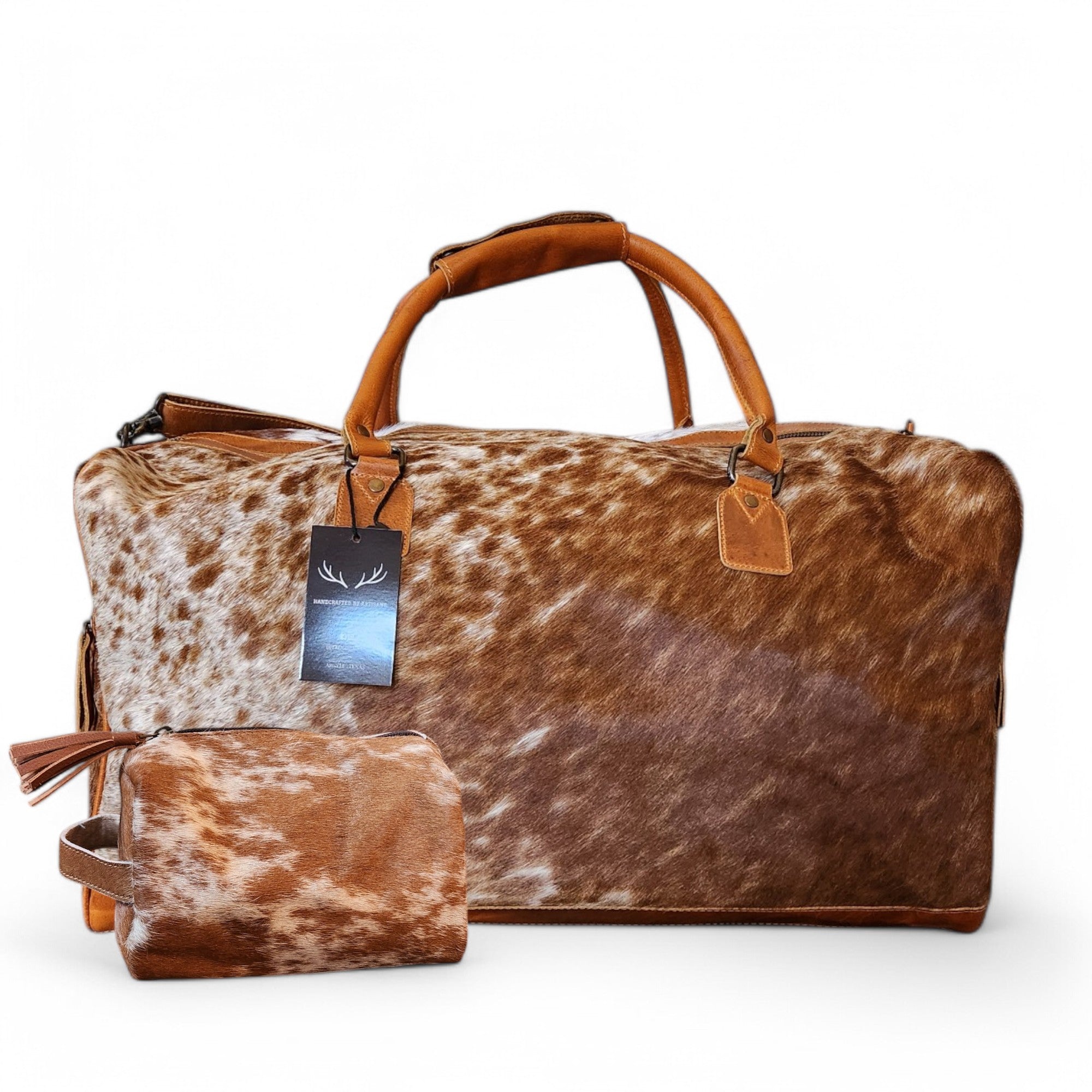 Bundle Deal Highlands Large Caramel Genuine Cowhide Duffel Bag+ Caramel Cosmetic Pouch Highlands Cowhide Makeup Bag - Ranch Junkie Mercantile LLC