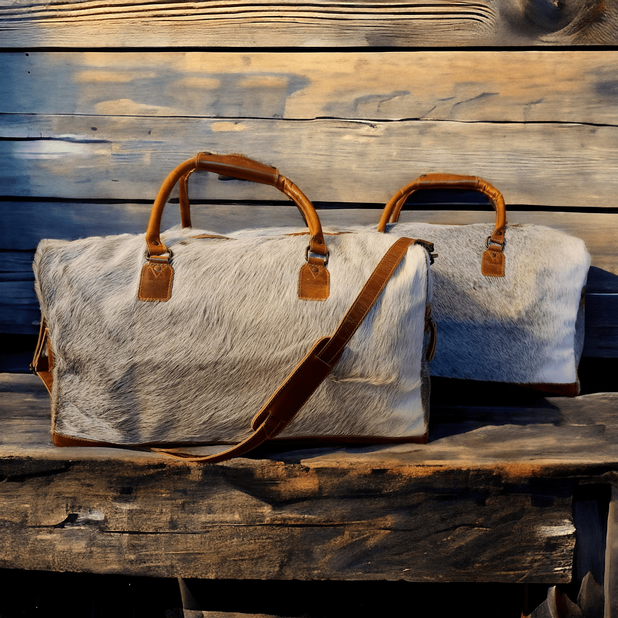 Limited Edition Grey/White Brazilian Genuine Cowhide Weekender Large Highlands Cowhide Duffel - Ranch Junkie Mercantile LLC