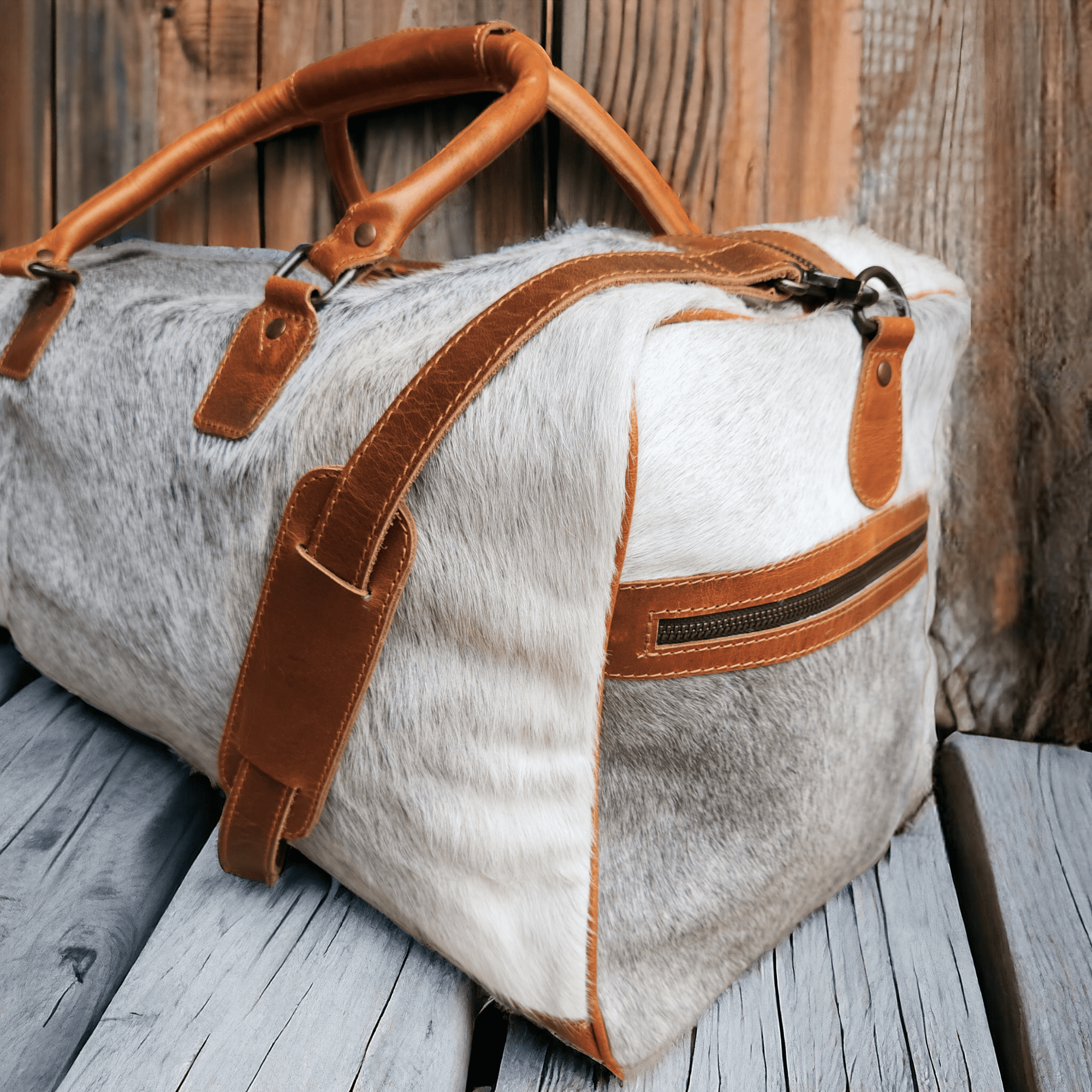 Limited Edition Grey/White Brazilian Genuine Cowhide Weekender Large Highlands Cowhide Duffel - Ranch Junkie Mercantile LLC