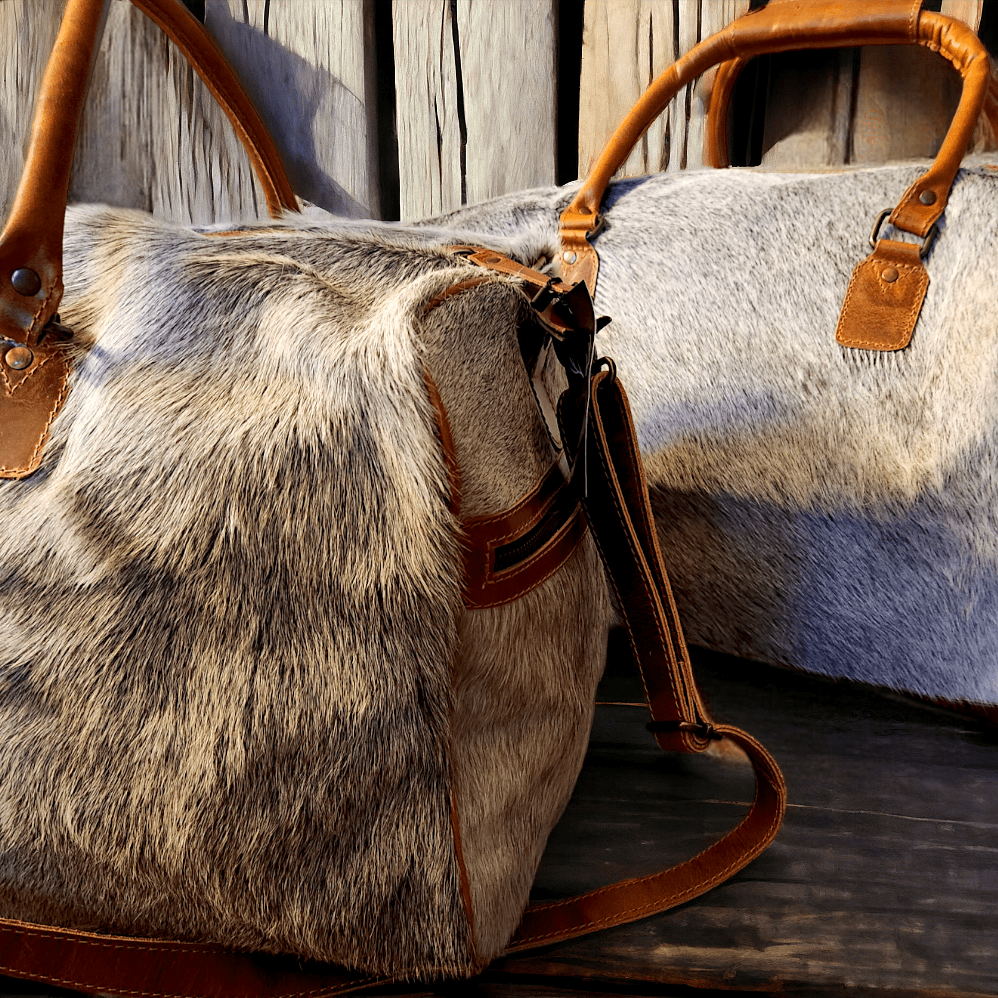 Limited Edition Grey/White Brazilian Genuine Cowhide Weekender Large Highlands Cowhide Duffel - Ranch Junkie Mercantile LLC