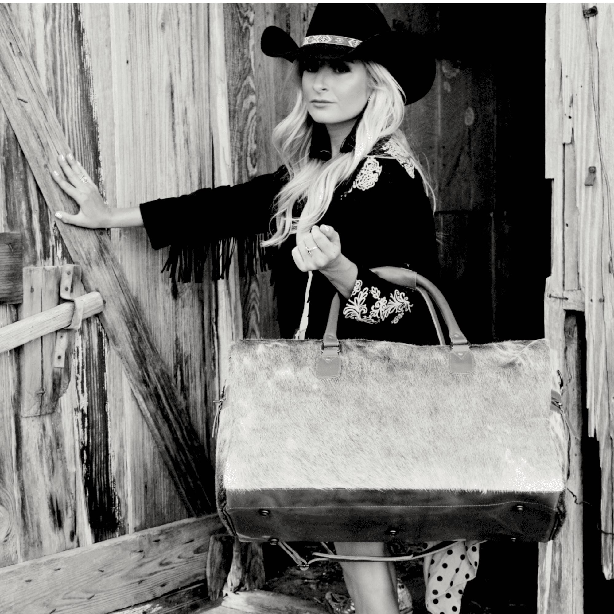 Limited Edition Grey/White Brazilian Genuine Cowhide Weekender Large Highlands Cowhide Duffel - Ranch Junkie Mercantile LLC